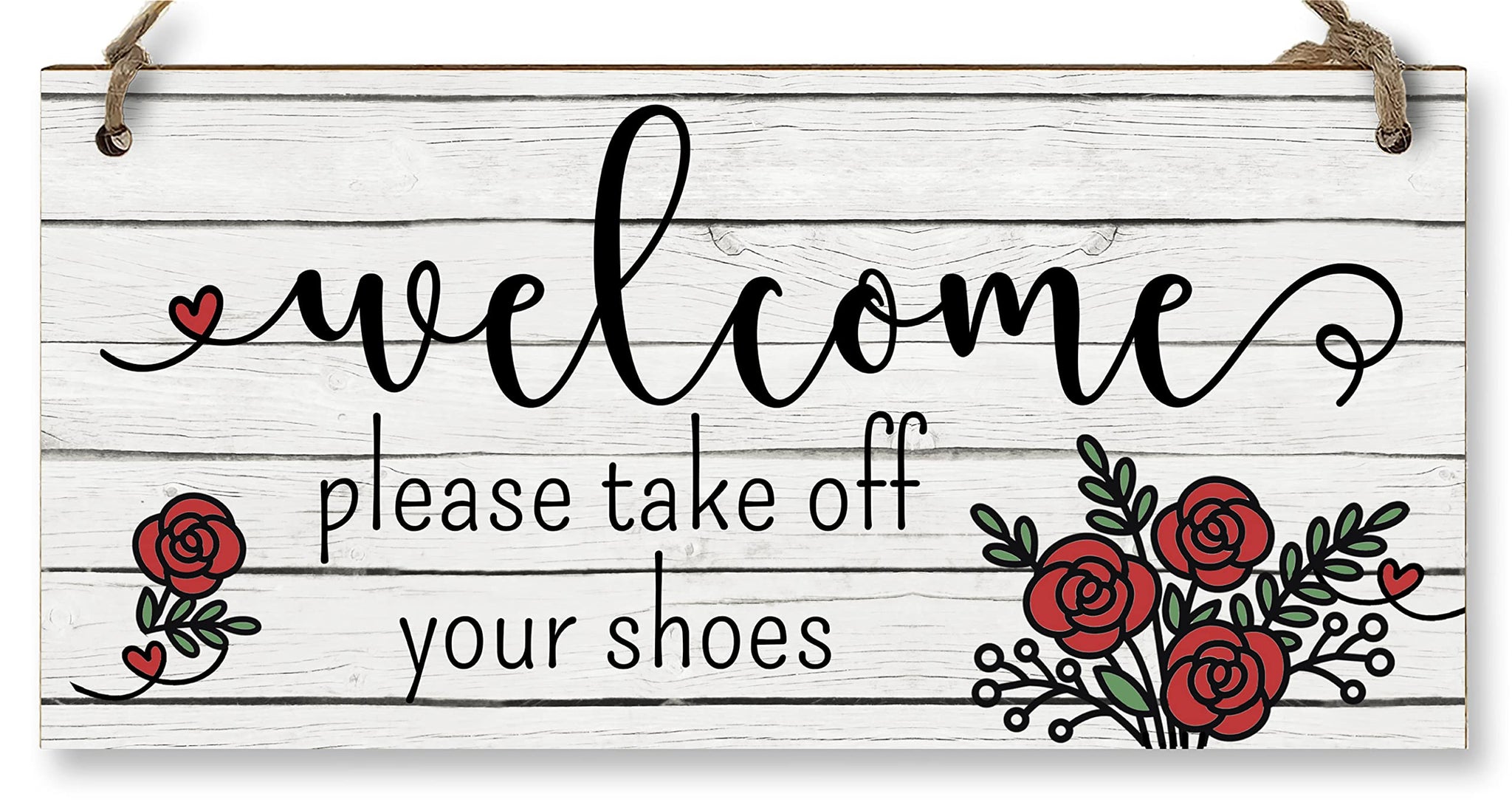 The Plum Penguin Handmade Wooden Hanging Wall Plaque Welcome Please Take Off Shoes Decorative Sign Family Home Hallway