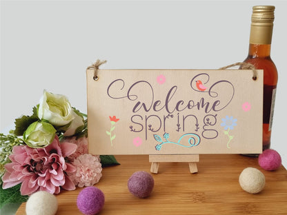 The Plum Penguin Handmade Wooden Hanging Wall Plaque Welcome Spring Cute Fun Easter Sign Springtime Garden Kitchen Decoration