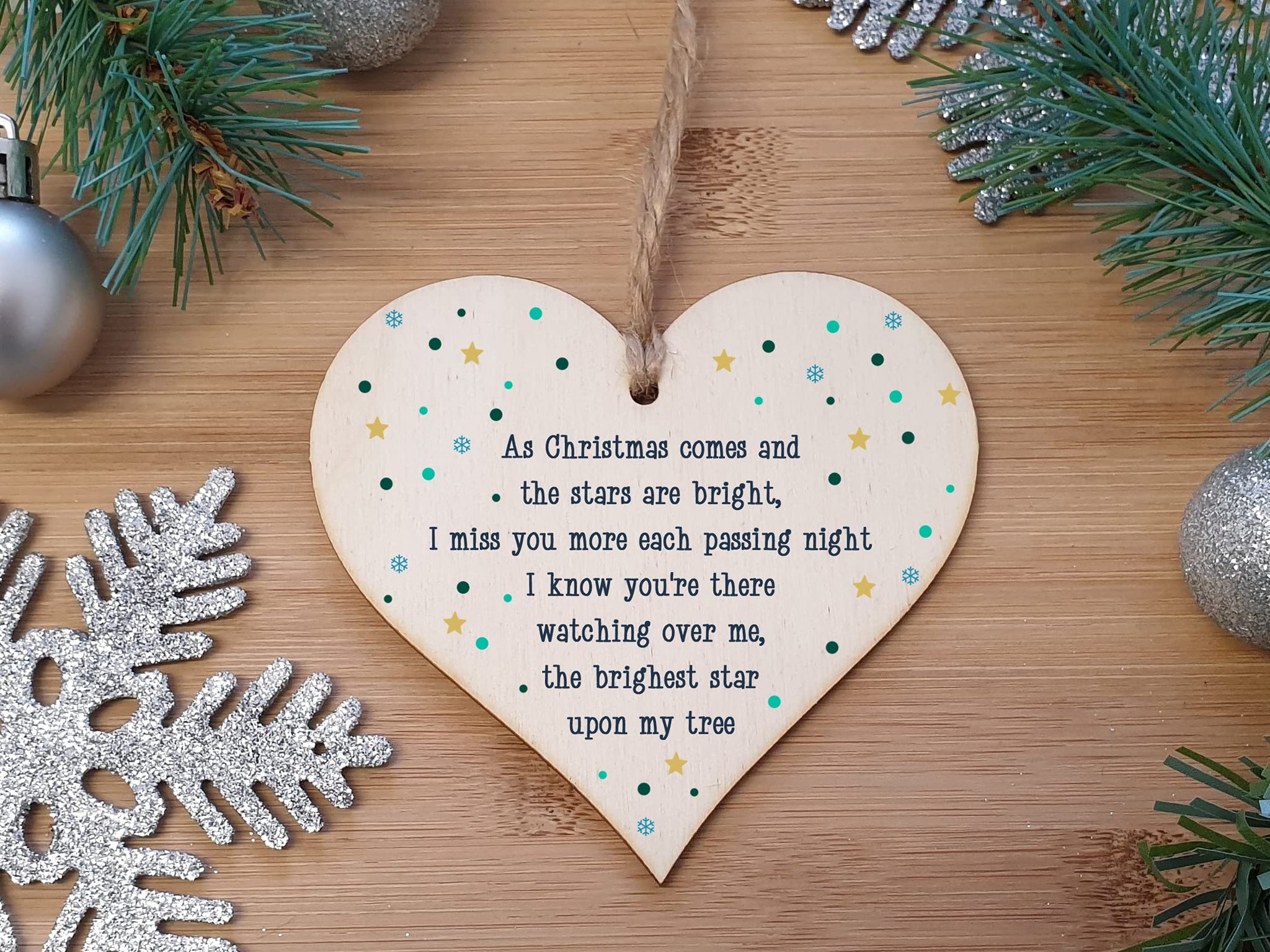 The Plum Penguin Handmade Wooden Hanging Heart Plaque Gift Christmas Comes Miss You Brightest Star Bereavement In Memory Keepsake Wall Hanger
