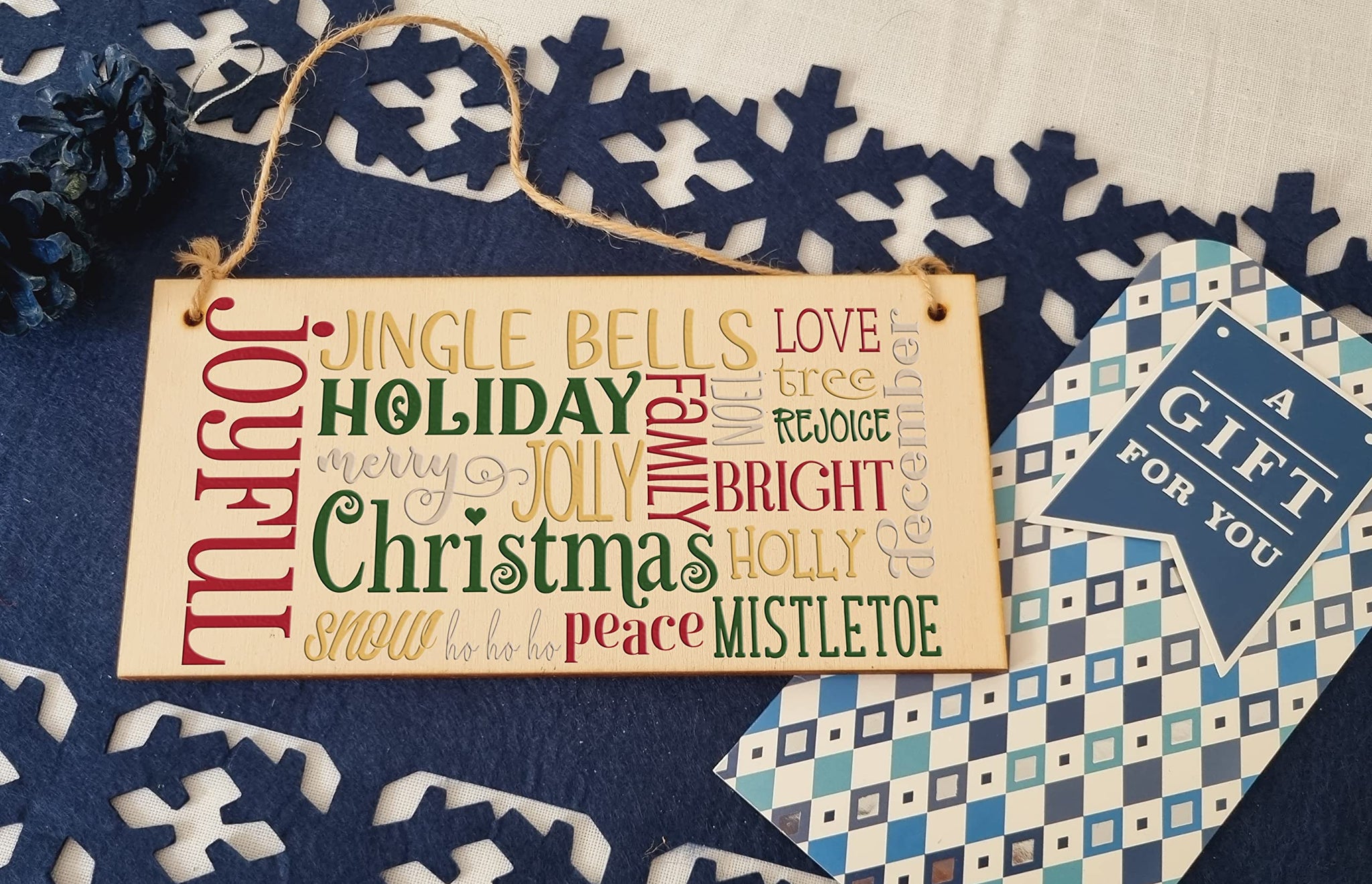 Christmas Joyful Mistletoe Word Art Decorative Xmas Sign Handmade Wooden Hanging Wall Plaque Gift Home Decoration