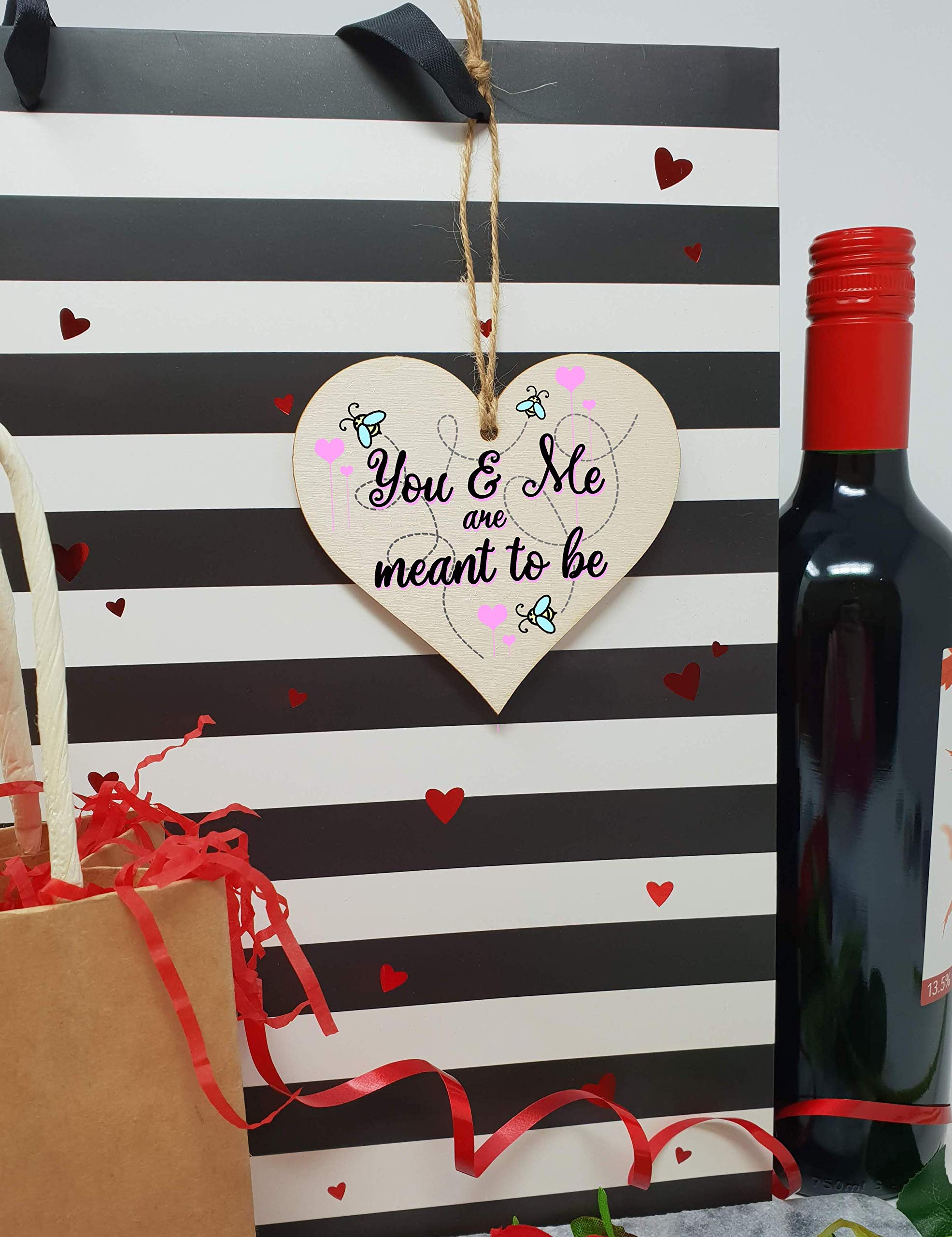 The Plum Penguin Handmade Wooden Hanging Heart Plaque Valentine's Gift You and Me are meants to be bee floral sweet for someone special boyfriend girlfriend husband wife funny romantic keepsake