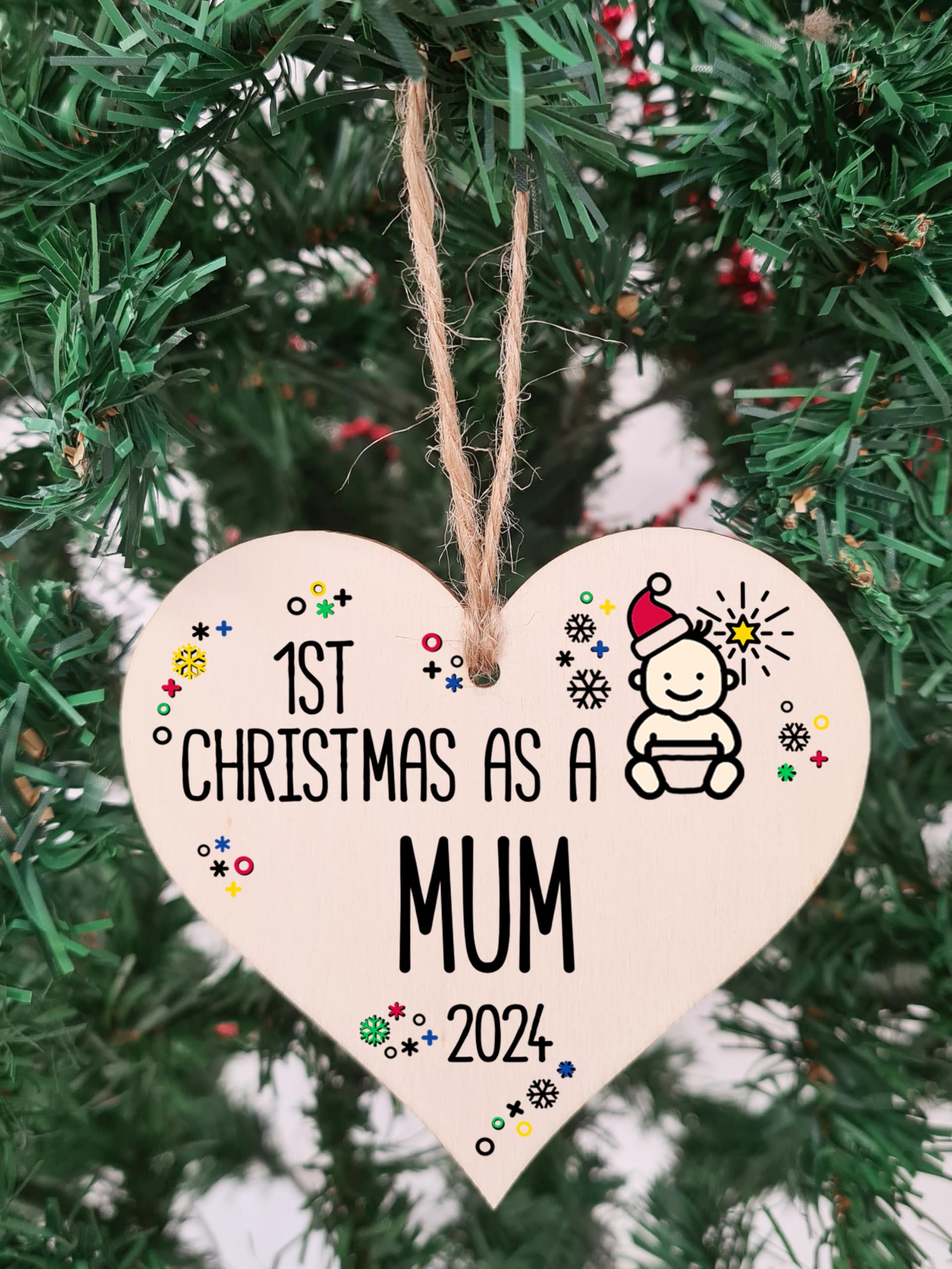 Handmade Wooden Christmas Hanging Heart Plaque Gift 1st Xmas 2024 as a Mum new baby family celebration tree decoration present for family