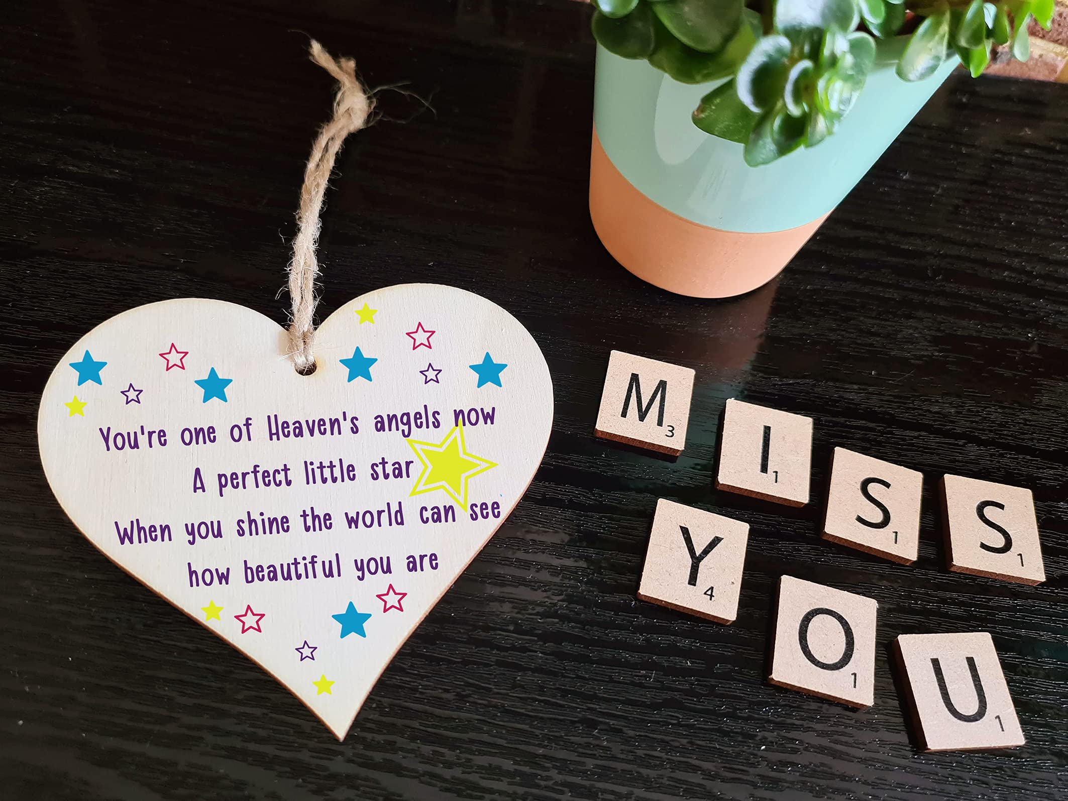 The Plum Penguin Handmade Wooden Hanging Heart Plaque Gift Heaven Angel Beautiful Star Missing You Bereavement In Memory Keepsake Wall Hanger