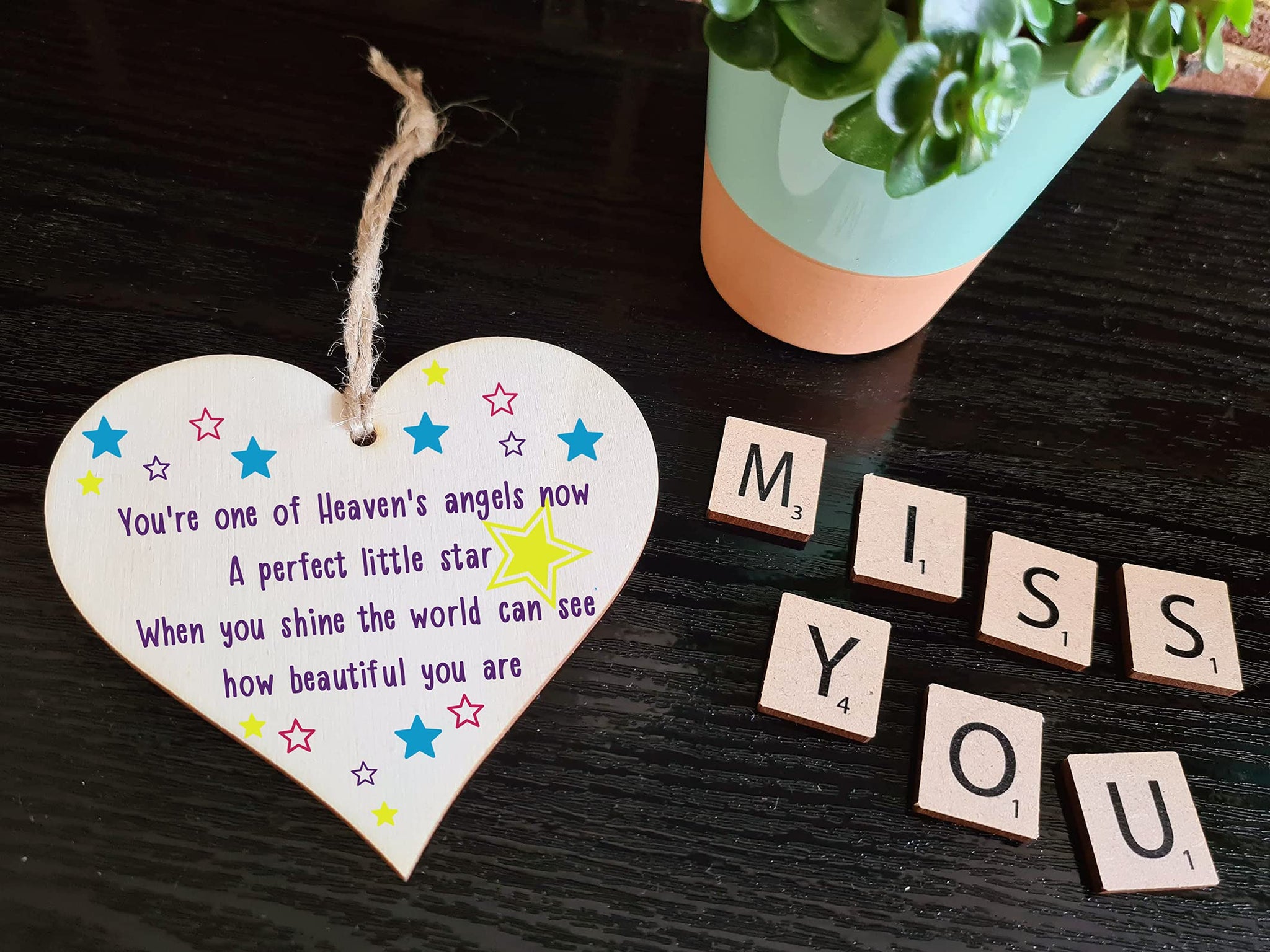 The Plum Penguin Handmade Wooden Hanging Heart Plaque Gift Heaven Angel Beautiful Star Missing You Bereavement In Memory Keepsake Wall Hanger