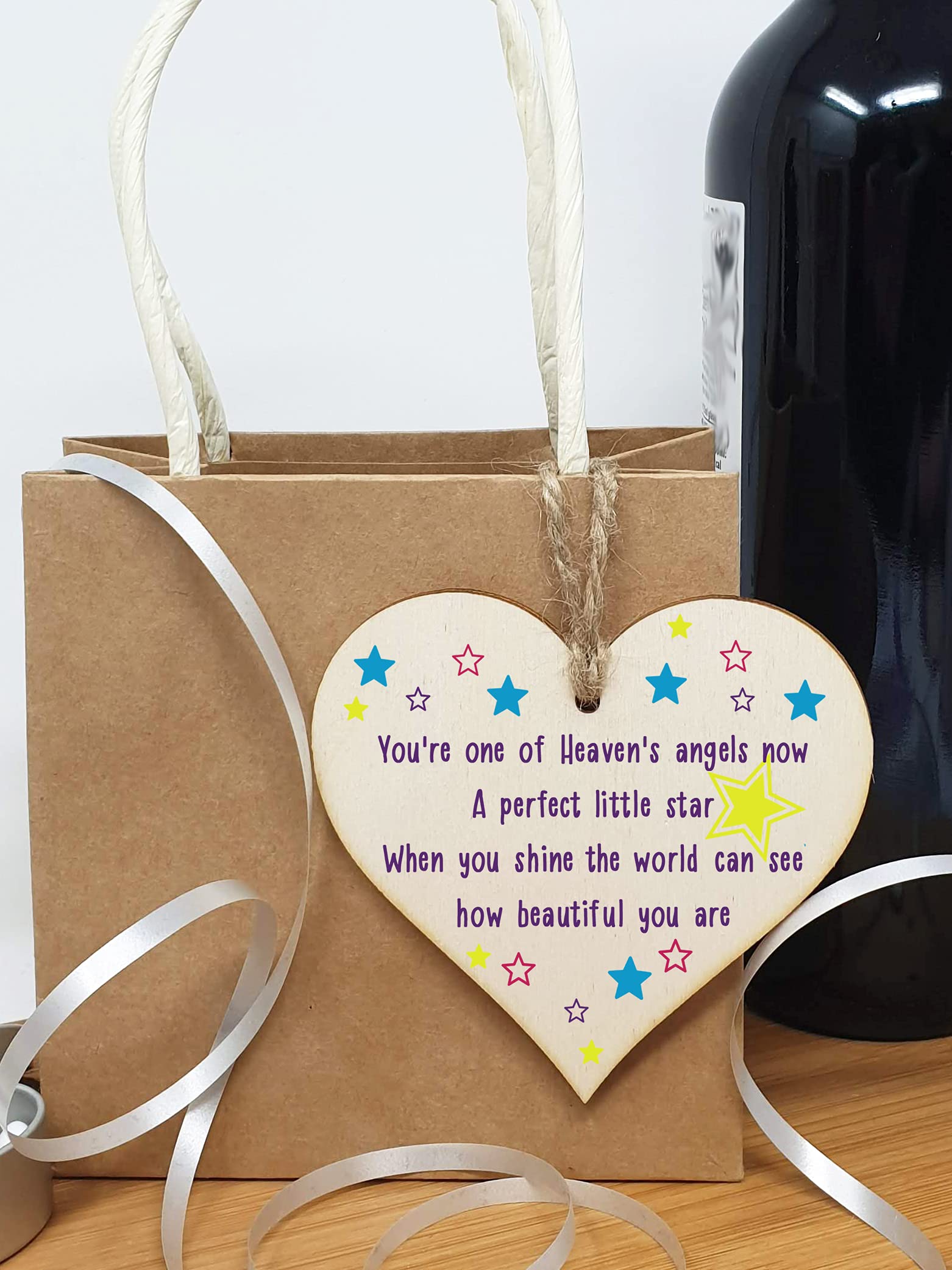 The Plum Penguin Handmade Wooden Hanging Heart Plaque Gift Heaven Angel Beautiful Star Missing You Bereavement In Memory Keepsake Wall Hanger