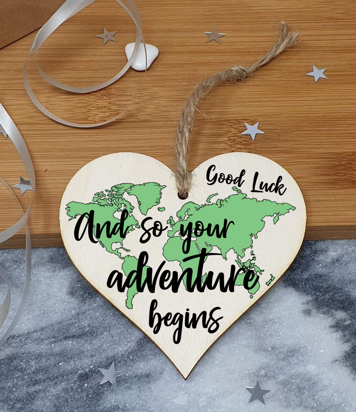 The Plum Penguin Handmade Wooden Hanging Heart Plaque Gift Adventure Begins Inspirational Motivational World Explorer Wilderness Design