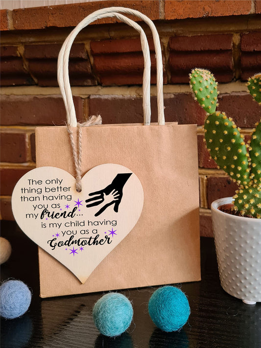 Handmade Wooden Hanging Heart Plaque Gift for Friend Godmother Loving Thoughtful Thank You Keepsake