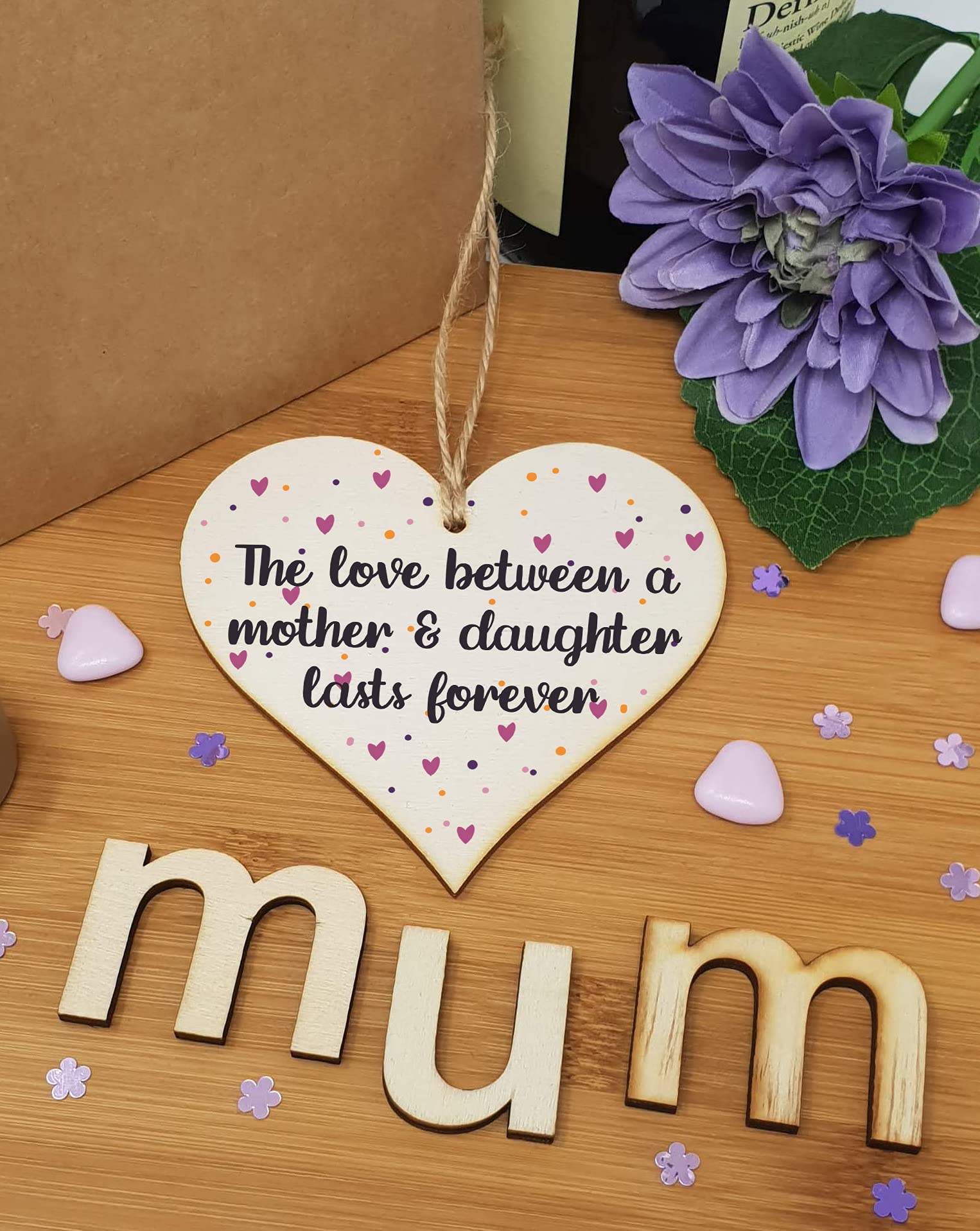 The Plum Penguin Handmade Wooden Hanging Heart Plaque Gift Love Between Mother Daughter Forever Present Friendship Thoughtful Wall Hanger