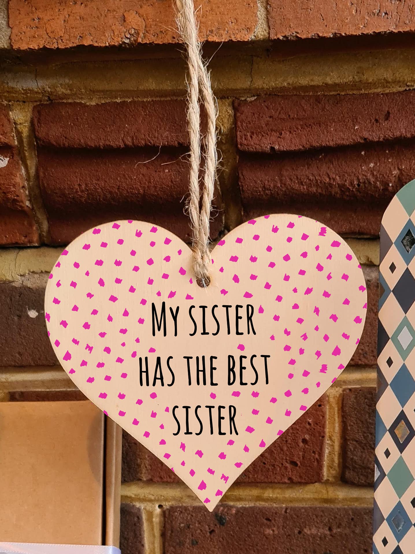 The Plum Penguin Handmade Wooden Hanging Heart Plaque Gift My Sister Best Sister Funny Wall Hanger Family Present Card Alternative
