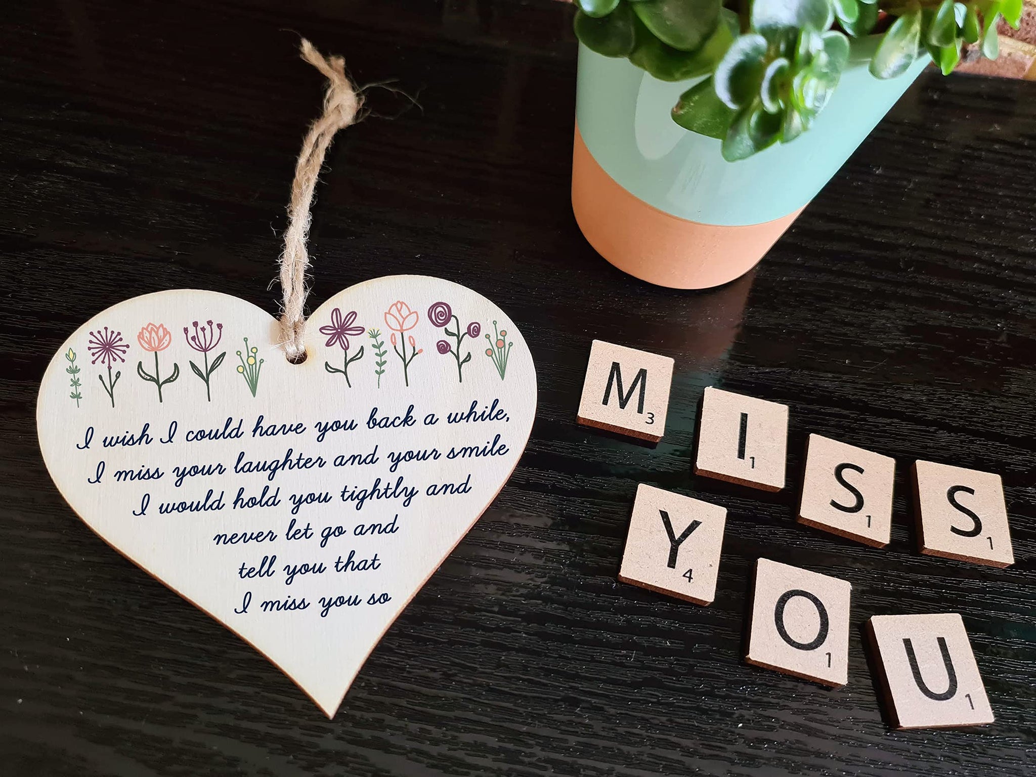 The Plum Penguin Handmade Wooden Hanging Heart Plaque Gift Miss Your Laughter Smile Hold Tight Bereavement In Memory Keepsake Wall Hanger