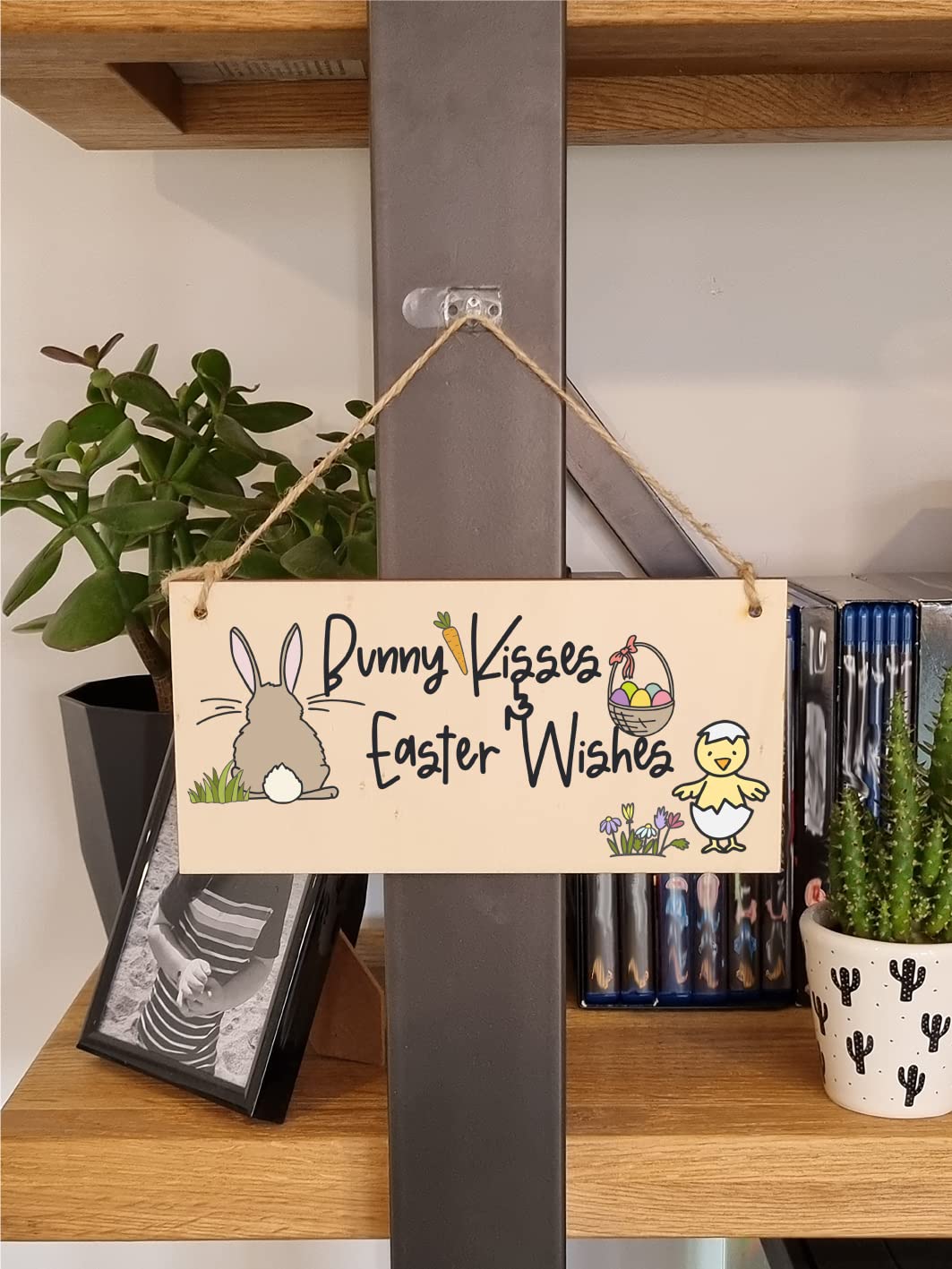 The Plum Penguin Handmade Wooden Hanging Wall Plaque Bunny Kisses Easter Wishes Cute Fun Easter Sign Garden Kitchen Decoration