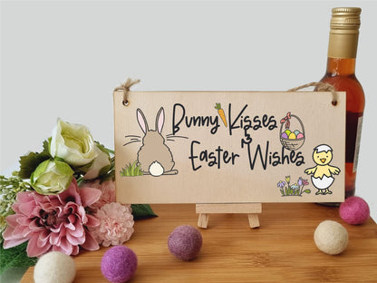 The Plum Penguin Handmade Wooden Hanging Wall Plaque Bunny Kisses Easter Wishes Cute Fun Easter Sign Garden Kitchen Decoration