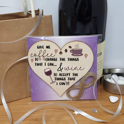 The Plum Penguin Handmade Wooden Hanging Heart Plaque Gift Give me coffee give me wine to change things novelty window wall hanger gift for wine coffee lovers friends family funny saying