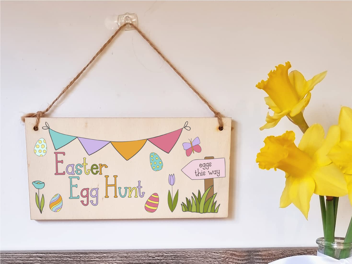 The Plum Penguin Handmade Wooden Hanging Wall Plaque Easter Egg Hunt Cute Fun Kids Easter Sign Garden Kitchen Decoration
