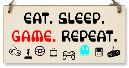 The Plum Penguin Handmade Wooden Hanging Wall Plaque Eat Sleep Game Repeat Fun Novelty Gamer Gift Computer Game Fans Man Cave