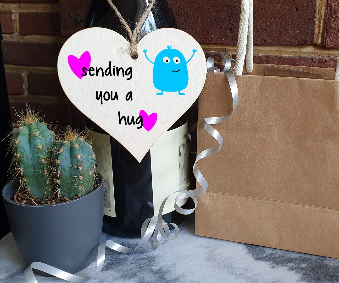 The Plum Penguin Handmade Wooden Hanging Heart Plaque Gift sending you a hug funny novelty wall hanger cute monster kids design for long distance family friends grandparents
