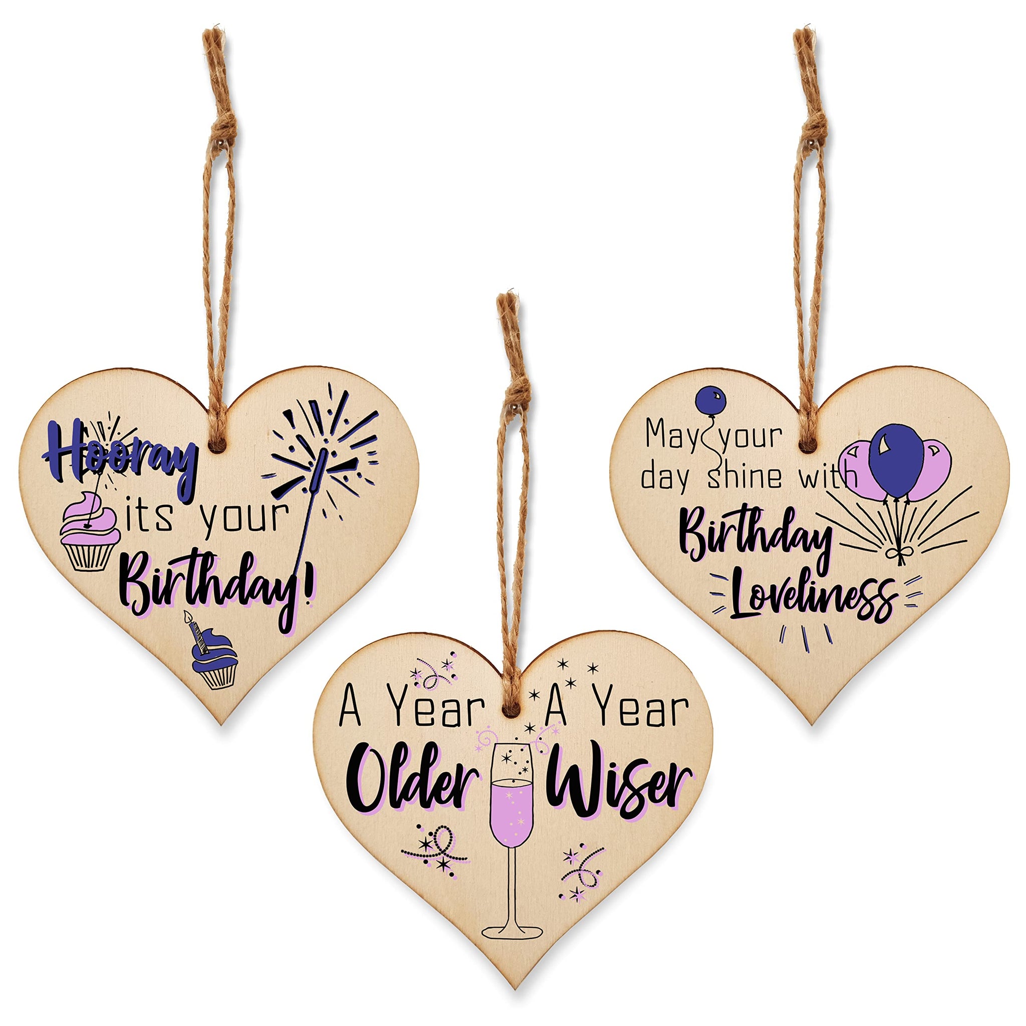 Set of 3 Hanging Decorations Wooden Hearts Happy Birthday Card Alternative | Day Shine with Loveliness | A Year Older & Wiser