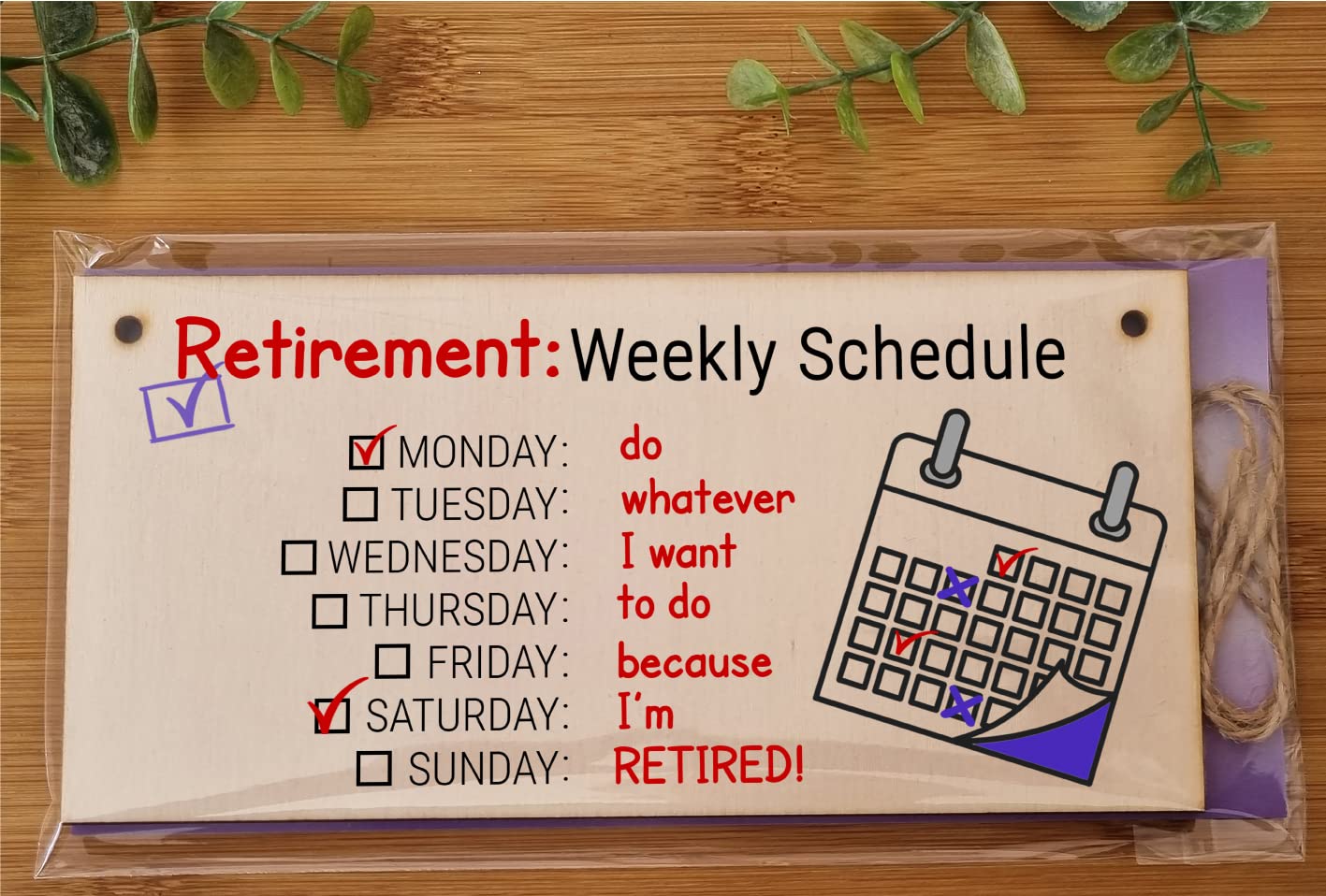 The Plum Penguin Handmade Wooden Hanging Wall Plaque Retirement Weekly Schedule Whatever I Want Funny Retired Work Colleague Gift