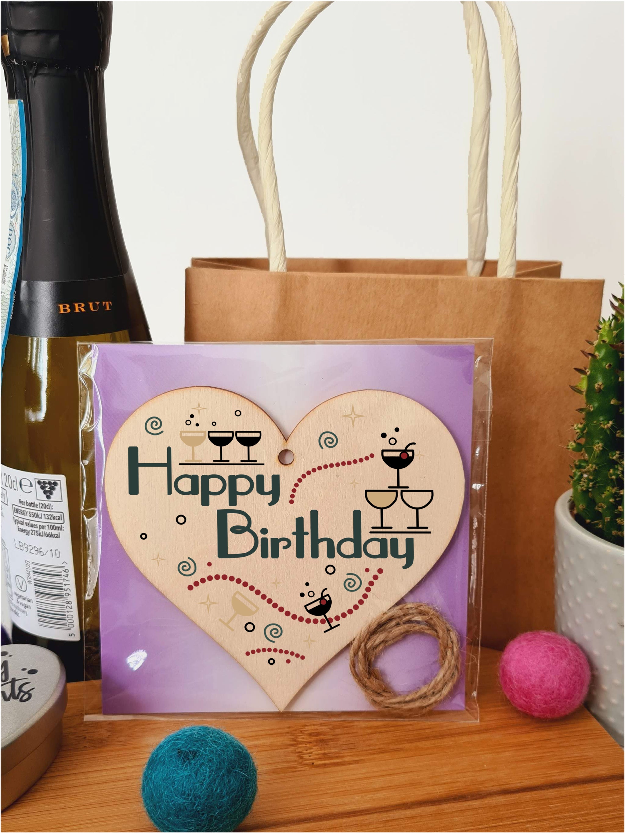 Happy Birthday Art Deco Chic Style Champagne Party Hanging Heart Wooden Decoration Gift Card Alternative