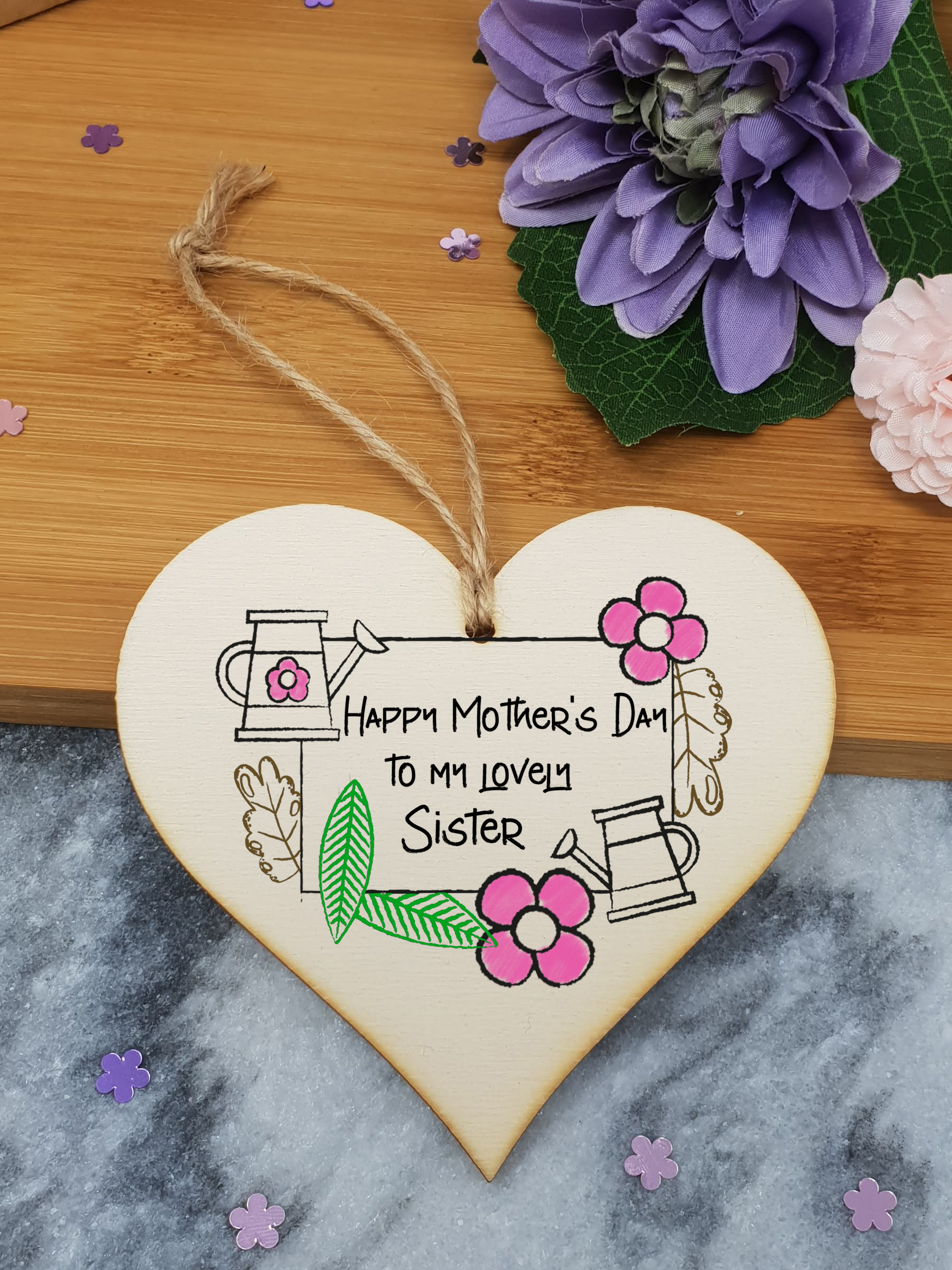 Handmade Wooden Hanging Heart Plaque Mother's Day Gift perfect for lovely Sisters special keepsake card alternative gardening flowers wall hanger for special sister