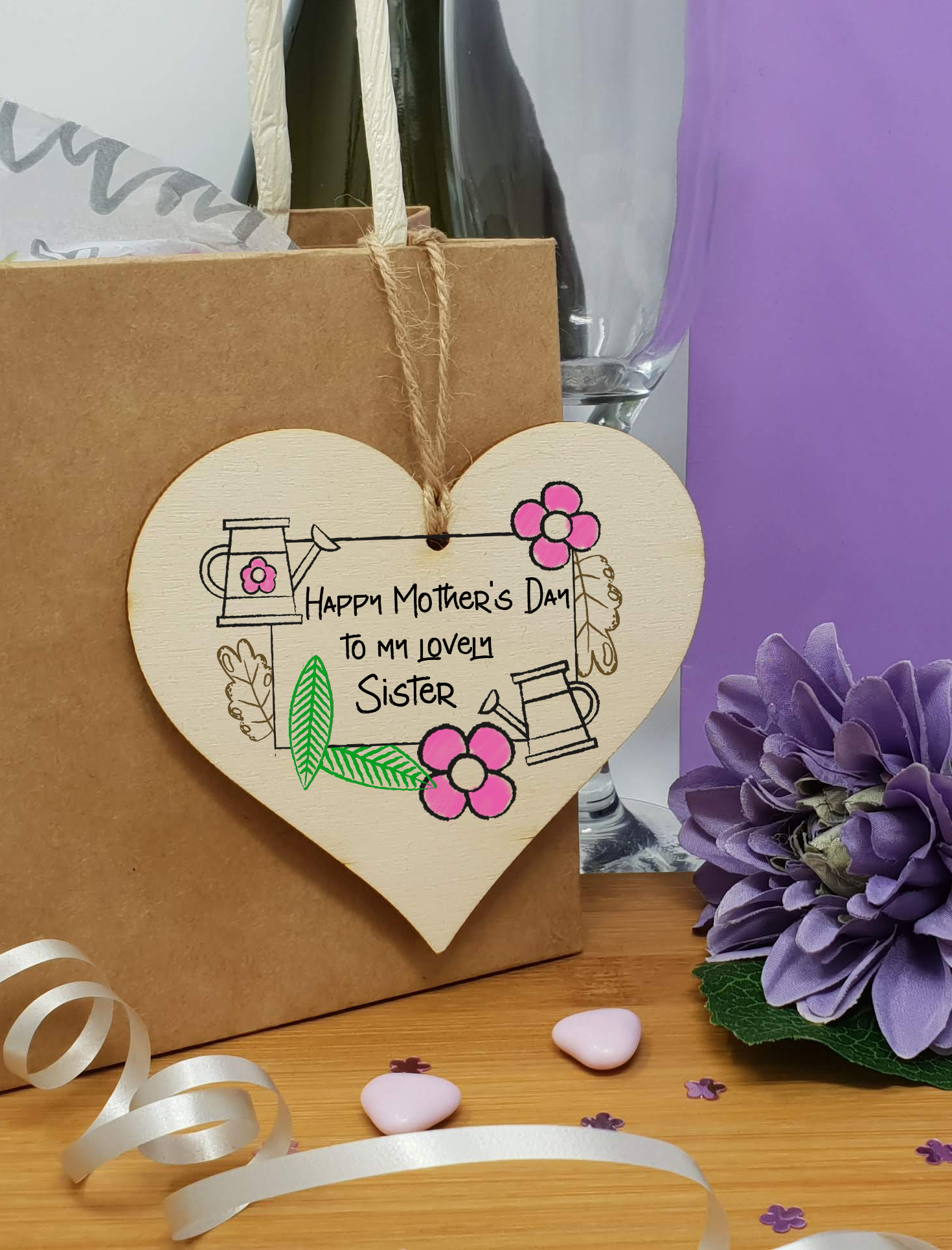 Handmade Wooden Hanging Heart Plaque Mother's Day Gift perfect for lovely Sisters special keepsake card alternative gardening flowers wall hanger for special sister