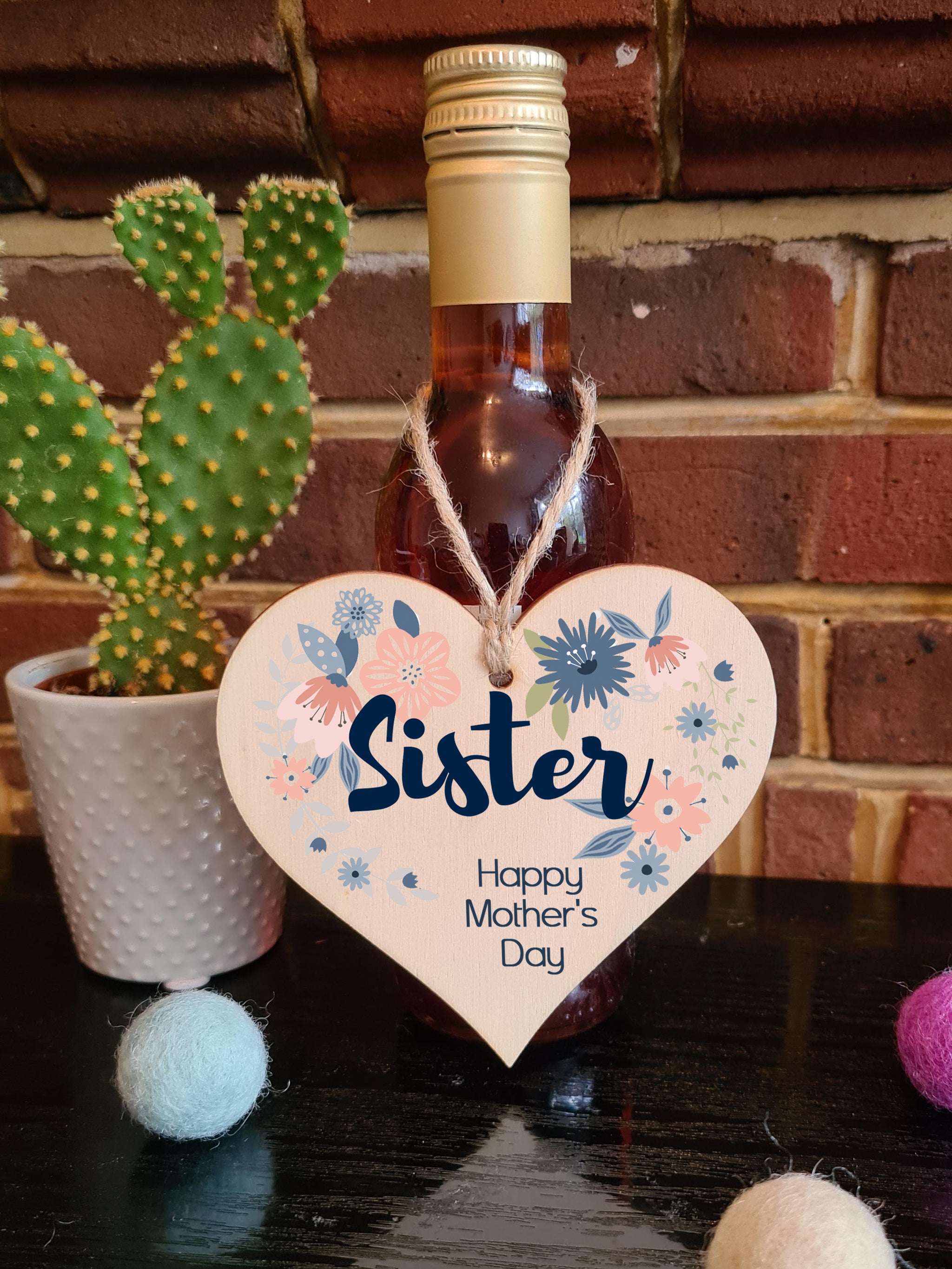 Handmade Wooden Hanging Heart Plaque Mother's Day Gift perfect for Sister stylish floral celebration card alternative from sister beautiful thoughtful keepsake