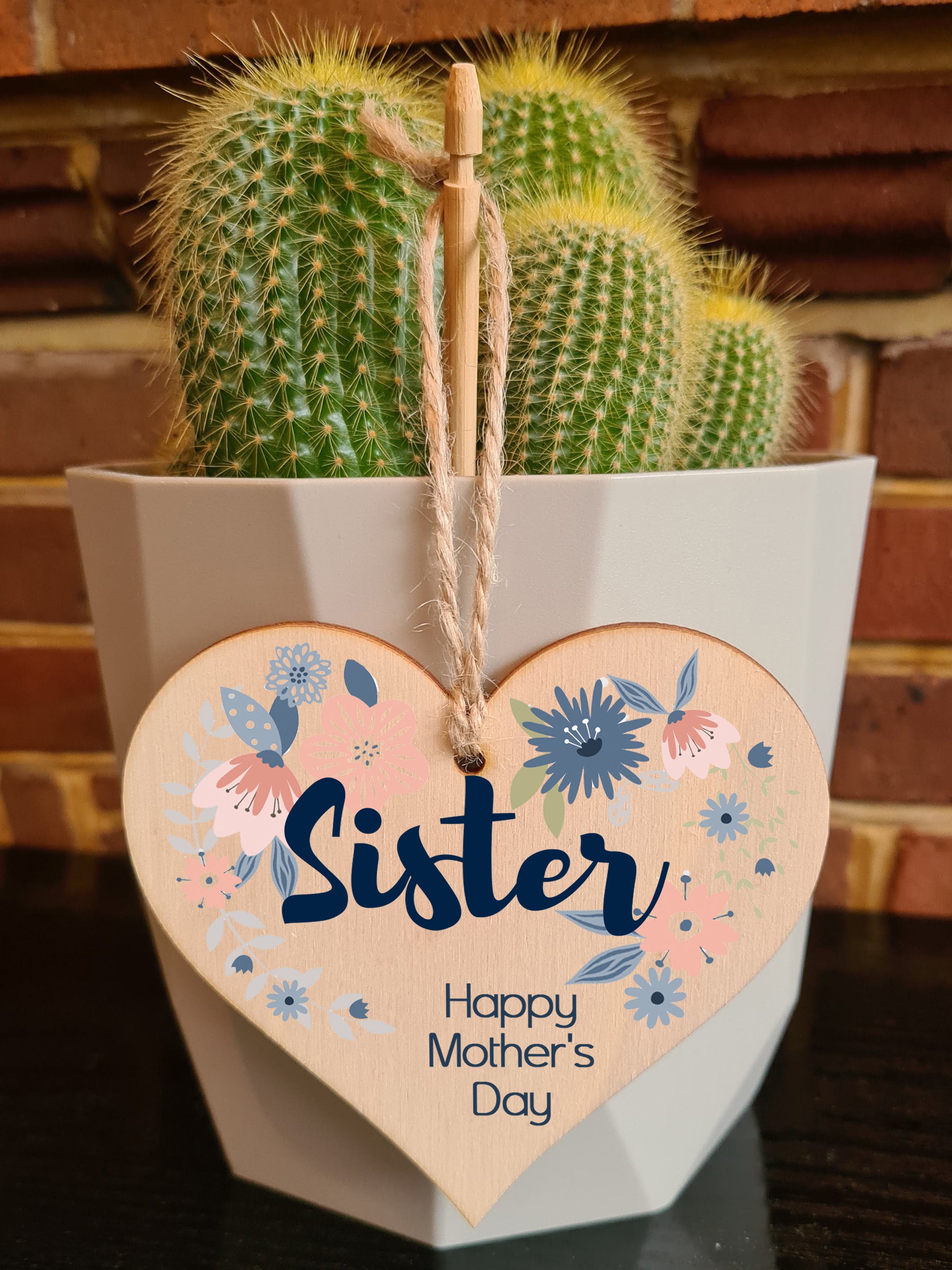 Handmade Wooden Hanging Heart Plaque Mother's Day Gift perfect for Sister stylish floral celebration card alternative from sister beautiful thoughtful keepsake