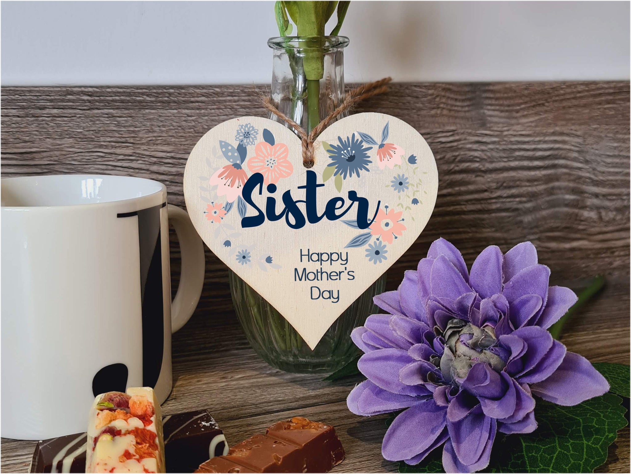 Handmade Wooden Hanging Heart Plaque Mother's Day Gift perfect for Sister stylish floral celebration card alternative from sister beautiful thoughtful keepsake