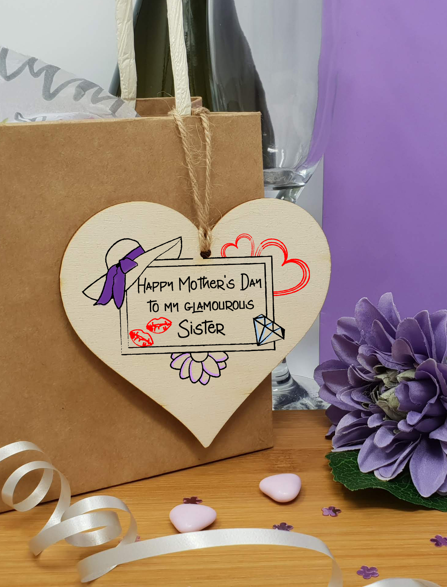 Handmade Wooden Hanging Heart Plaque Mother's Day Gift perfect for glamourous stylish Sisters special keepsake card alternative wall hanger for special sister