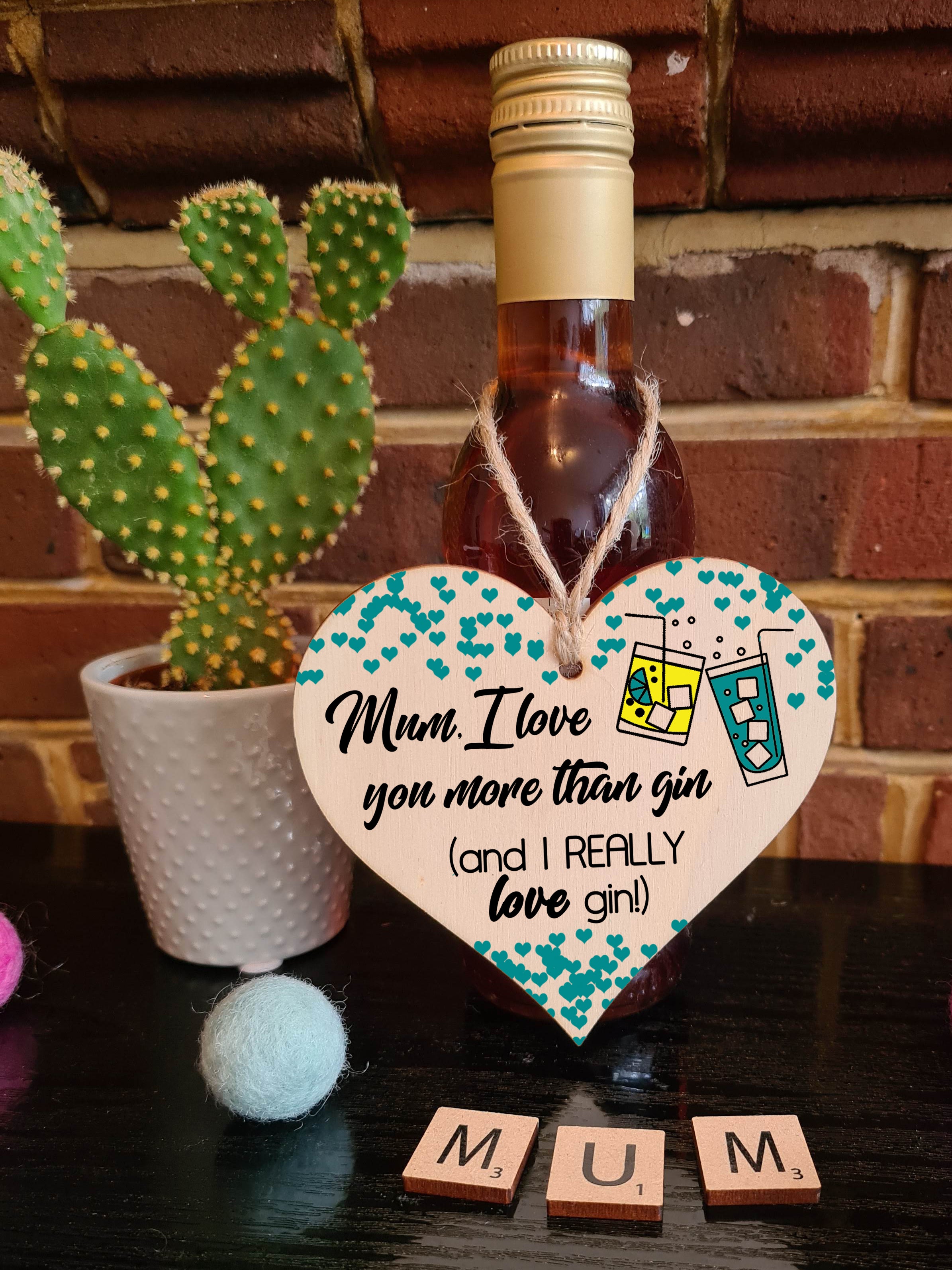 Handmade Wooden Hanging Heart Plaque Mother's Day Gift Mum I love you more than Gin Really love Gin novelty alcohol boozy funny keepsake wall hanger card alternative
