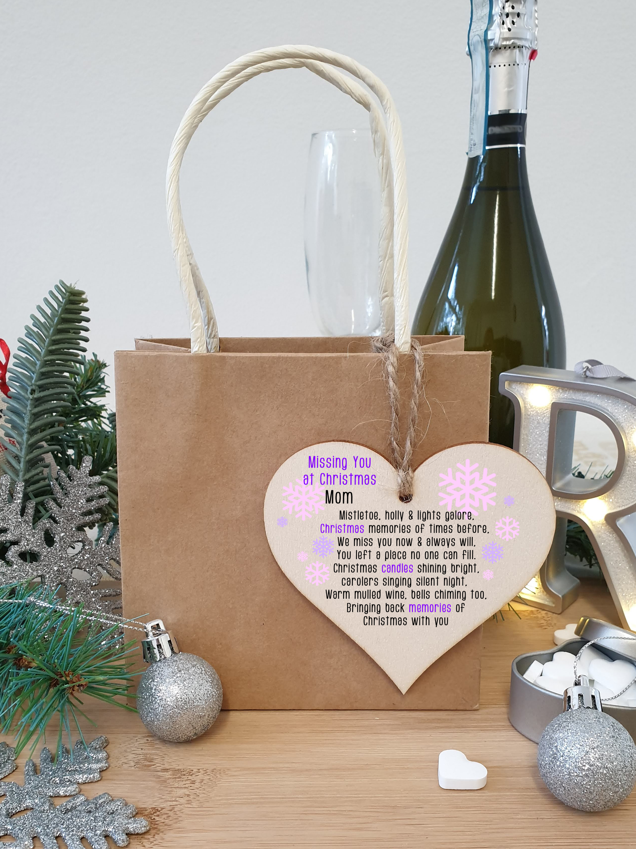 Handmade Wooden Christmas Hanging Heart Plaque Gift Missing you at Xmas sentimental rememberance present tree decoration pink snowflakes lost loved ones