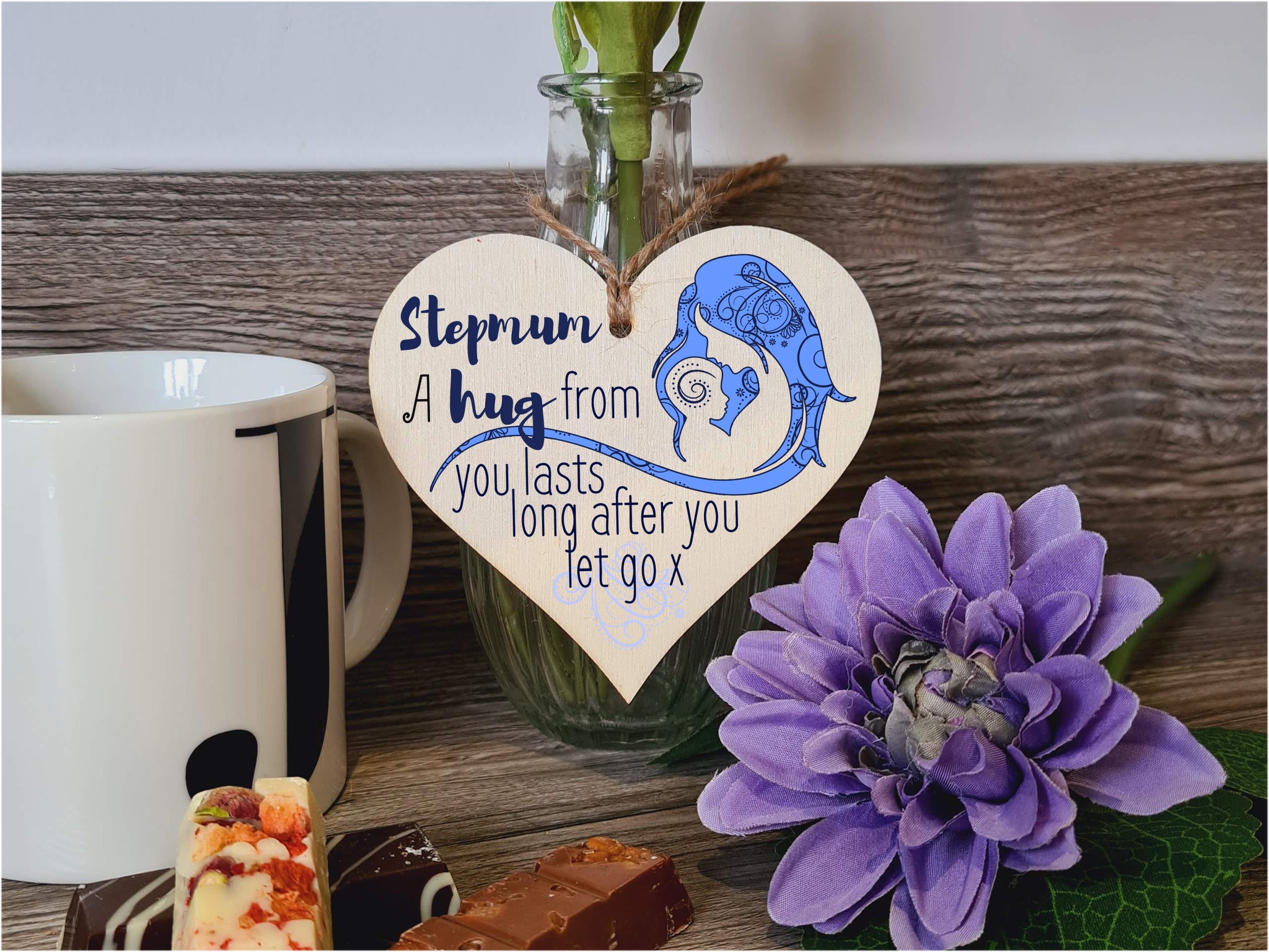 Handmade Wooden Hanging Heart Plaque Mother's Day Gift perfect for Stepmum loving thoughtful special keepsake A hug from you lasts long after you let go card alternative from stepkids wall hanger