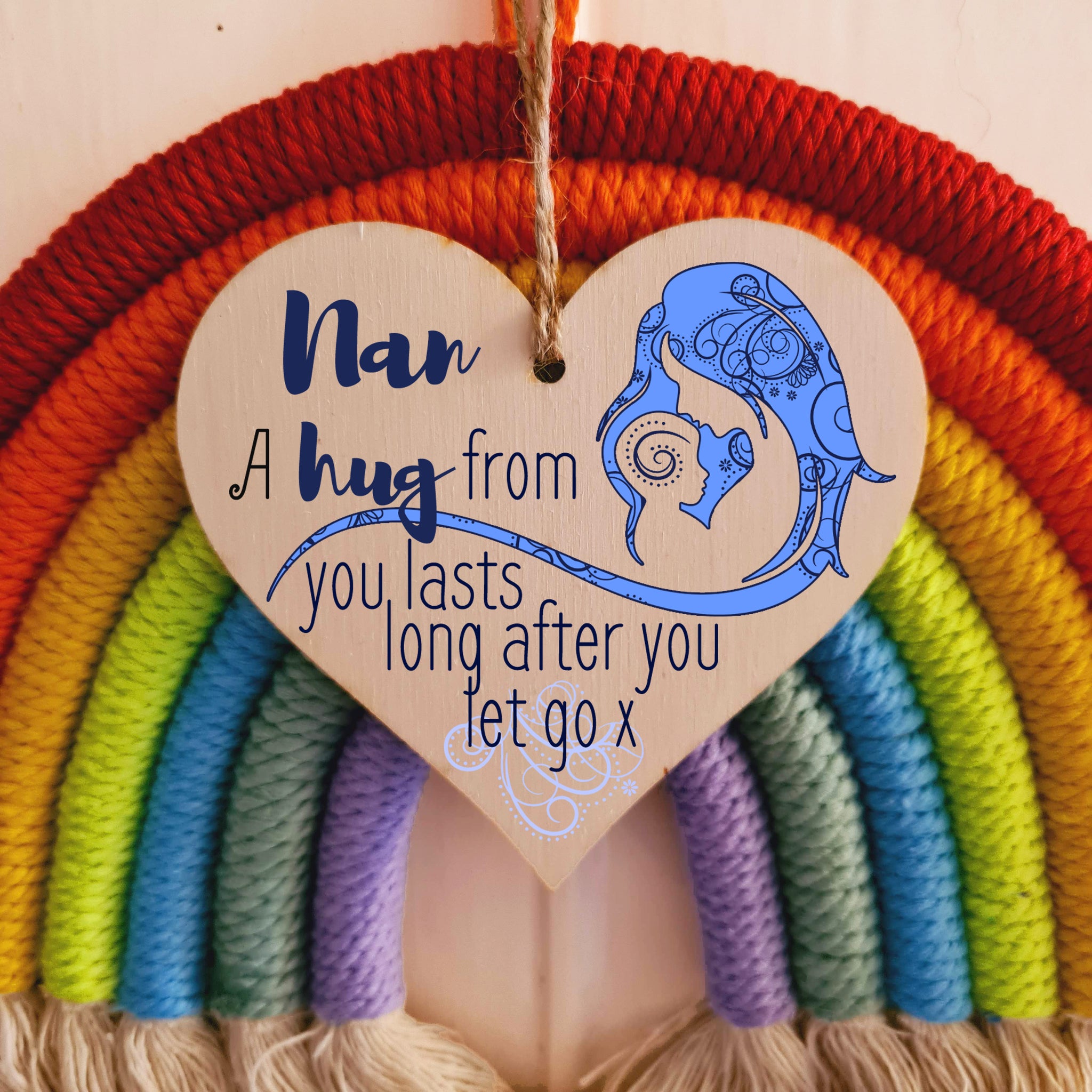 Handmade Wooden Hanging Heart Plaque Mother's Day Gift perfect for Nan loving thoughtful special keepsake A hug from you lasts long after you let go card alternative from grandchildren wall hanger