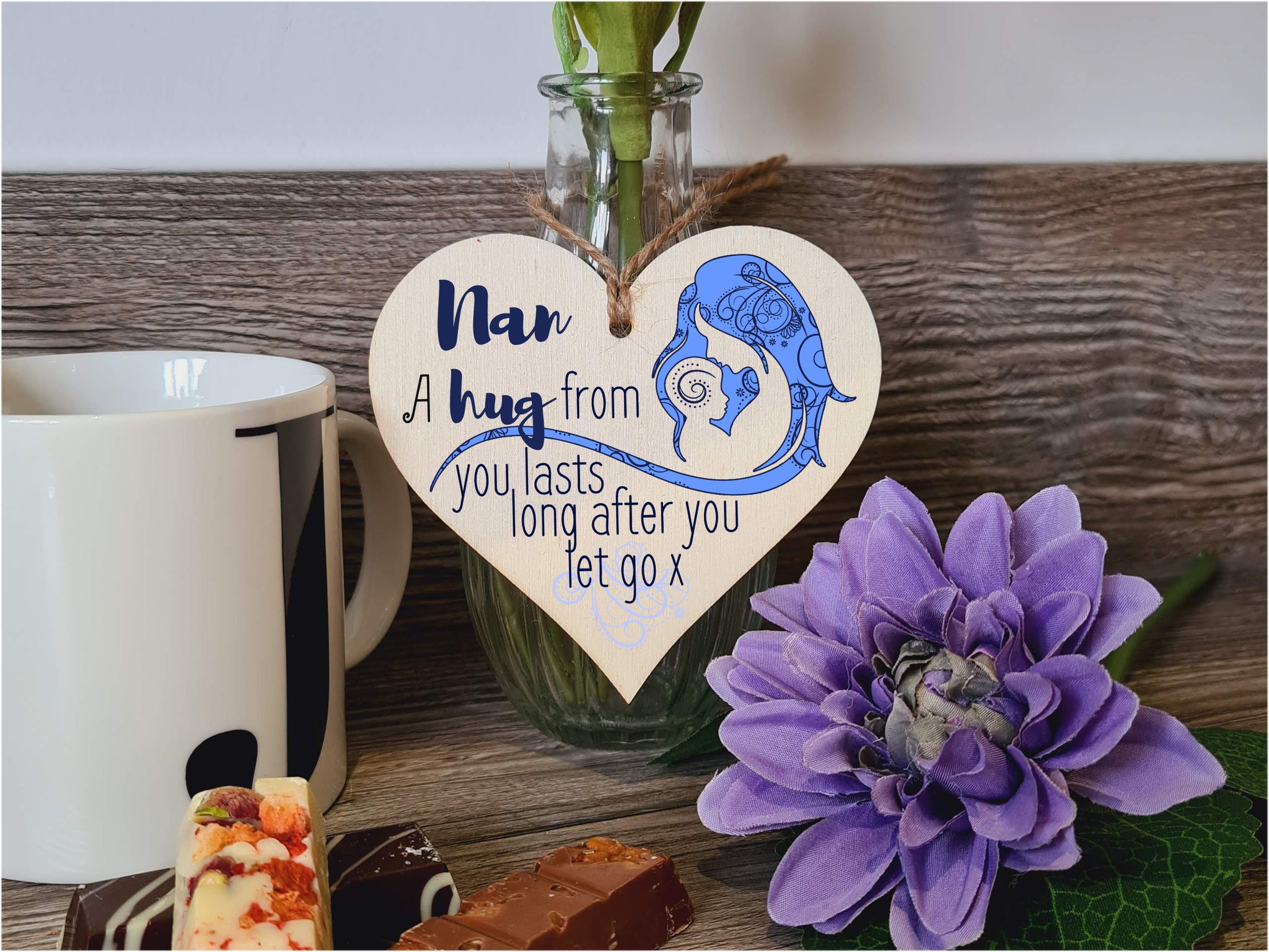 Handmade Wooden Hanging Heart Plaque Mother's Day Gift perfect for Nan loving thoughtful special keepsake A hug from you lasts long after you let go card alternative from grandchildren wall hanger