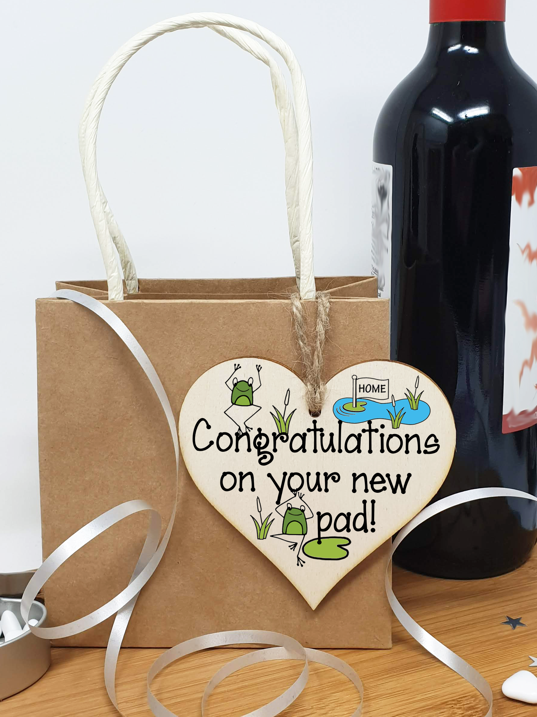 Handmade Wooden Hanging Heart Plaque Gift Congratulations on your New Pad for New Home House Warming New Couple Frog Design Present