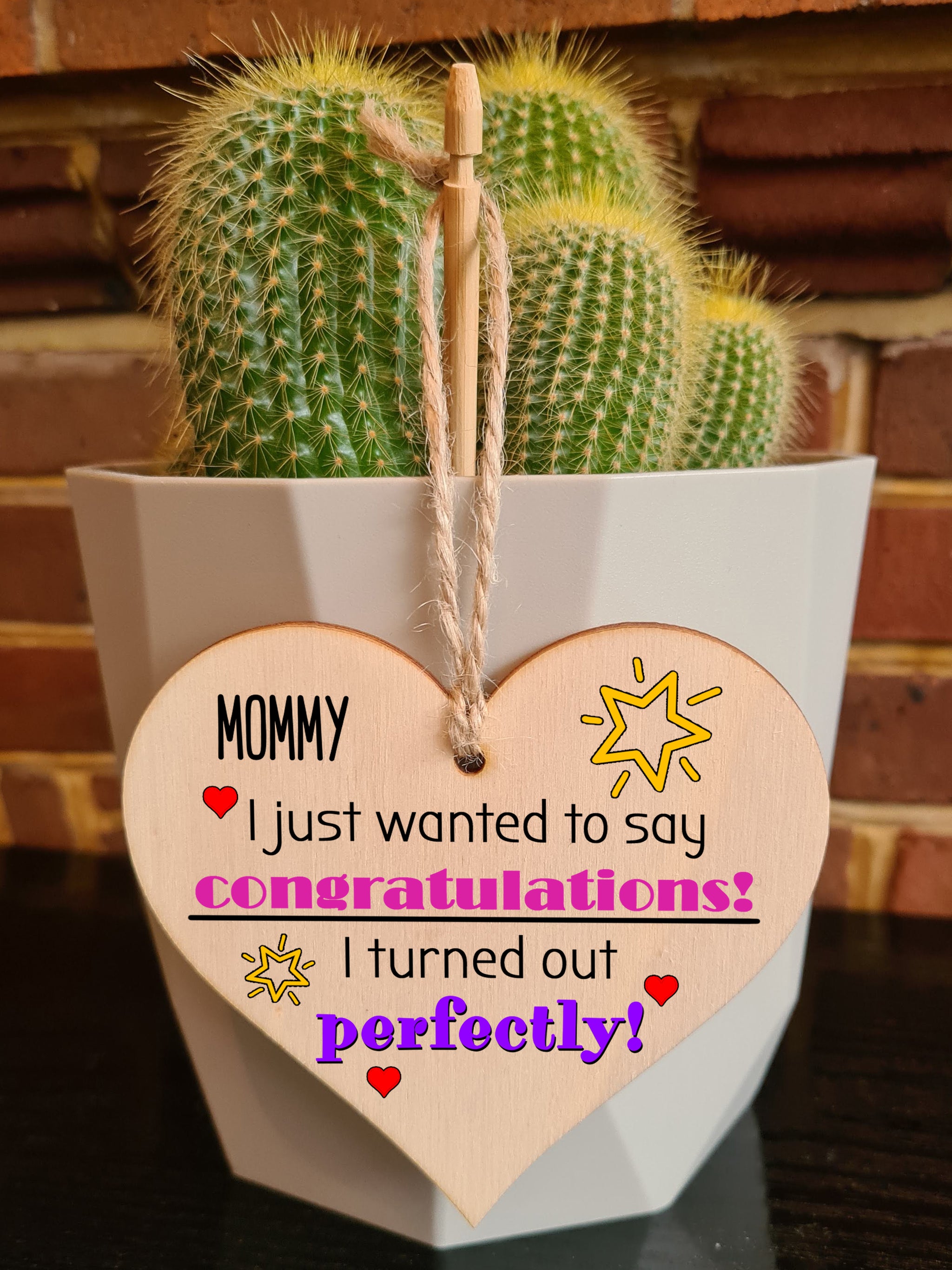 Handmade Wooden Hanging Heart Plaque Mother's Day Gift perfect for Mommy novelty funny keepsake Congratulations I turned out perfect from daughter son children novelty card alternative