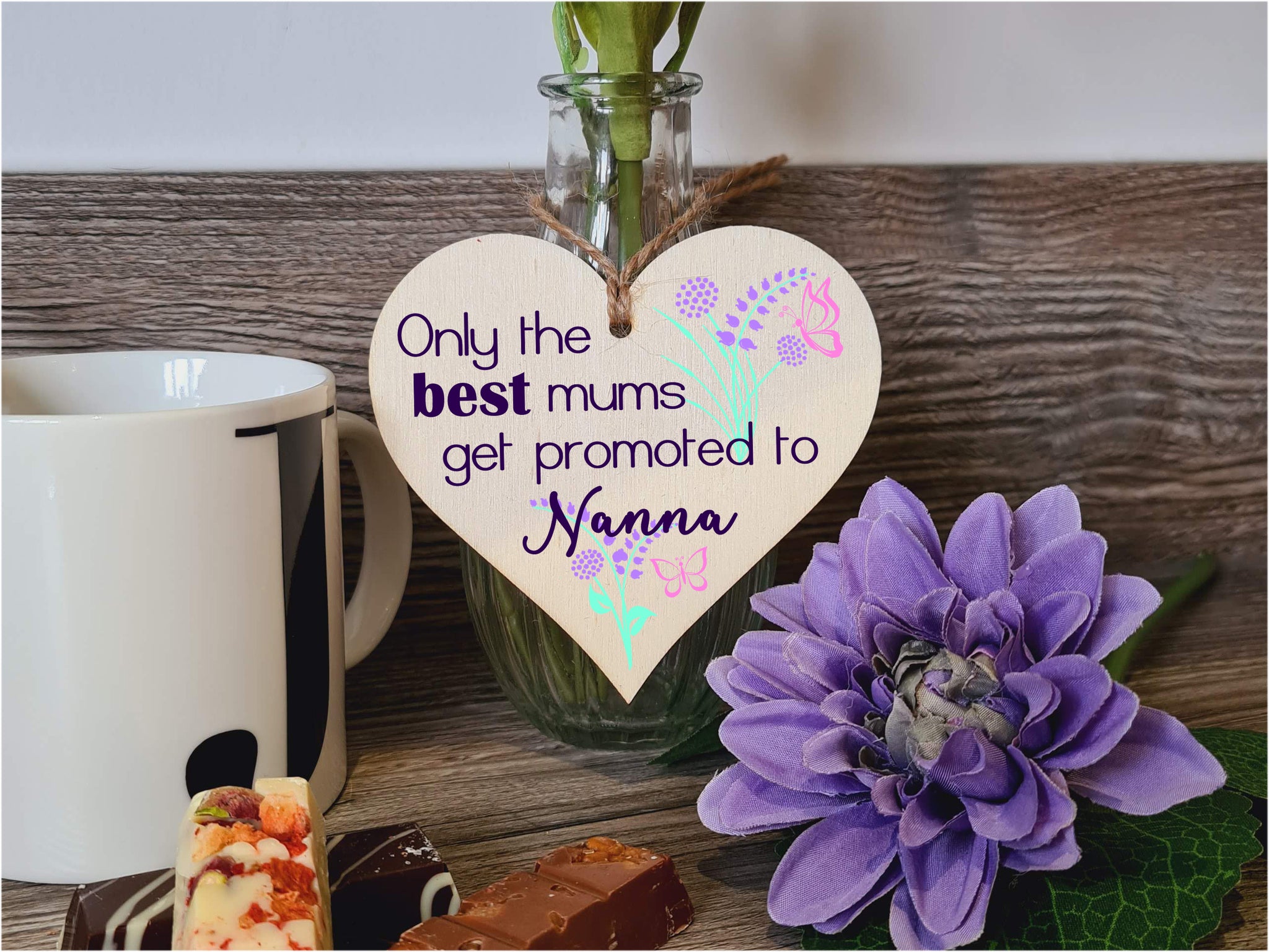 Handmade Wooden Hanging Heart Plaque Mother's Day Gift perfect for new Nannas fun special keepsake Only the best Mums get promoted from grandchildren card alternative
