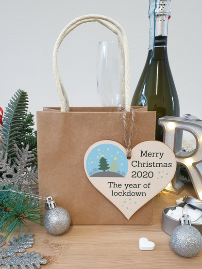 Handmade Wooden Hanging Heart Plaque Christmas Tree Bauble 2020 Year of Lockdown Family Celebration Trees Gifts Snowglobe Design