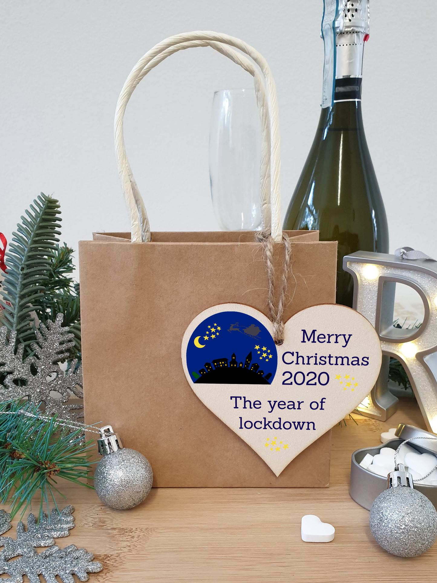 Handmade Wooden Hanging Heart Plaque Christmas Tree Bauble 2020 Year of Lockdown Family Celebration Winter Night Scene Snowglobe Design