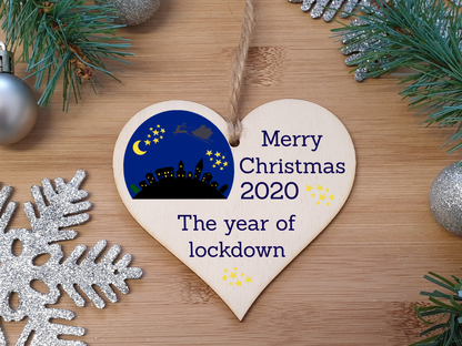 Handmade Wooden Hanging Heart Plaque Christmas Tree Bauble 2020 Year of Lockdown Family Celebration Winter Night Scene Snowglobe Design