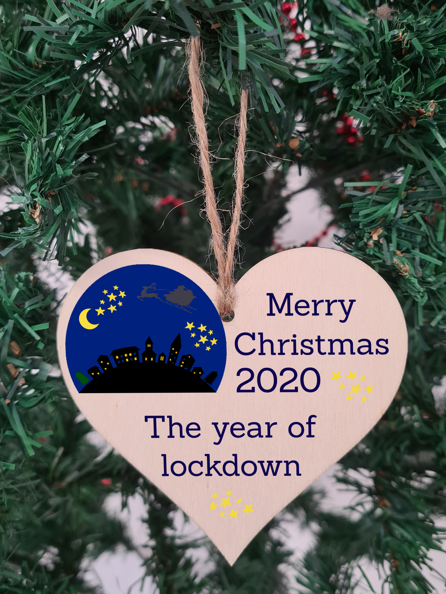 Handmade Wooden Hanging Heart Plaque Christmas Tree Bauble 2020 Year of Lockdown Family Celebration Winter Night Scene Snowglobe Design