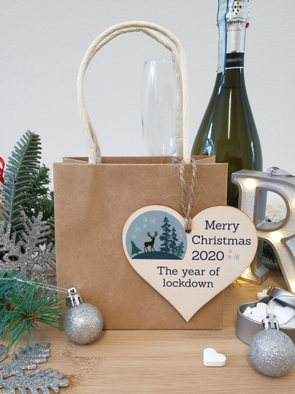 Handmade Wooden Hanging Heart Plaque Christmas Tree Bauble 2020 Year of Lockdown Family Celebration Stag Winter Snowglobe Design