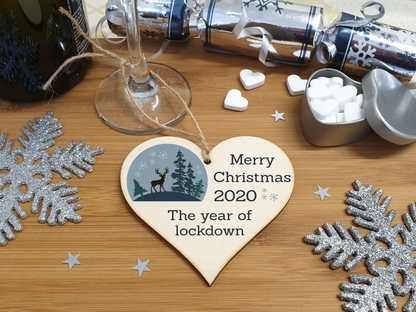 Handmade Wooden Hanging Heart Plaque Christmas Tree Bauble 2020 Year of Lockdown Family Celebration Stag Winter Snowglobe Design