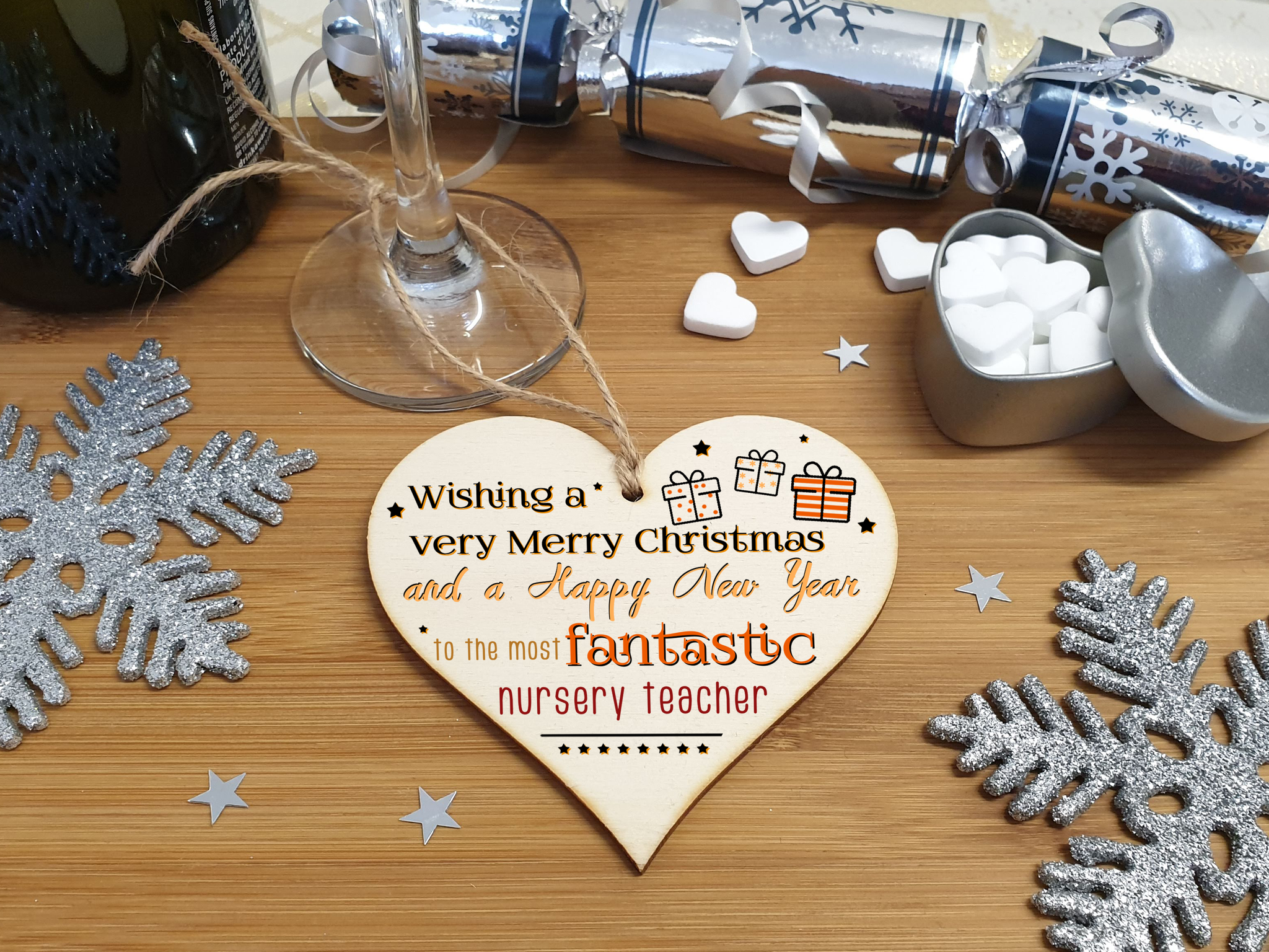 Handmade Wooden Christmas Hanging Heart Plaque Gift Wishing Merry Xmas and happy new year to most fantastic nursery teacher card alternative funky wording