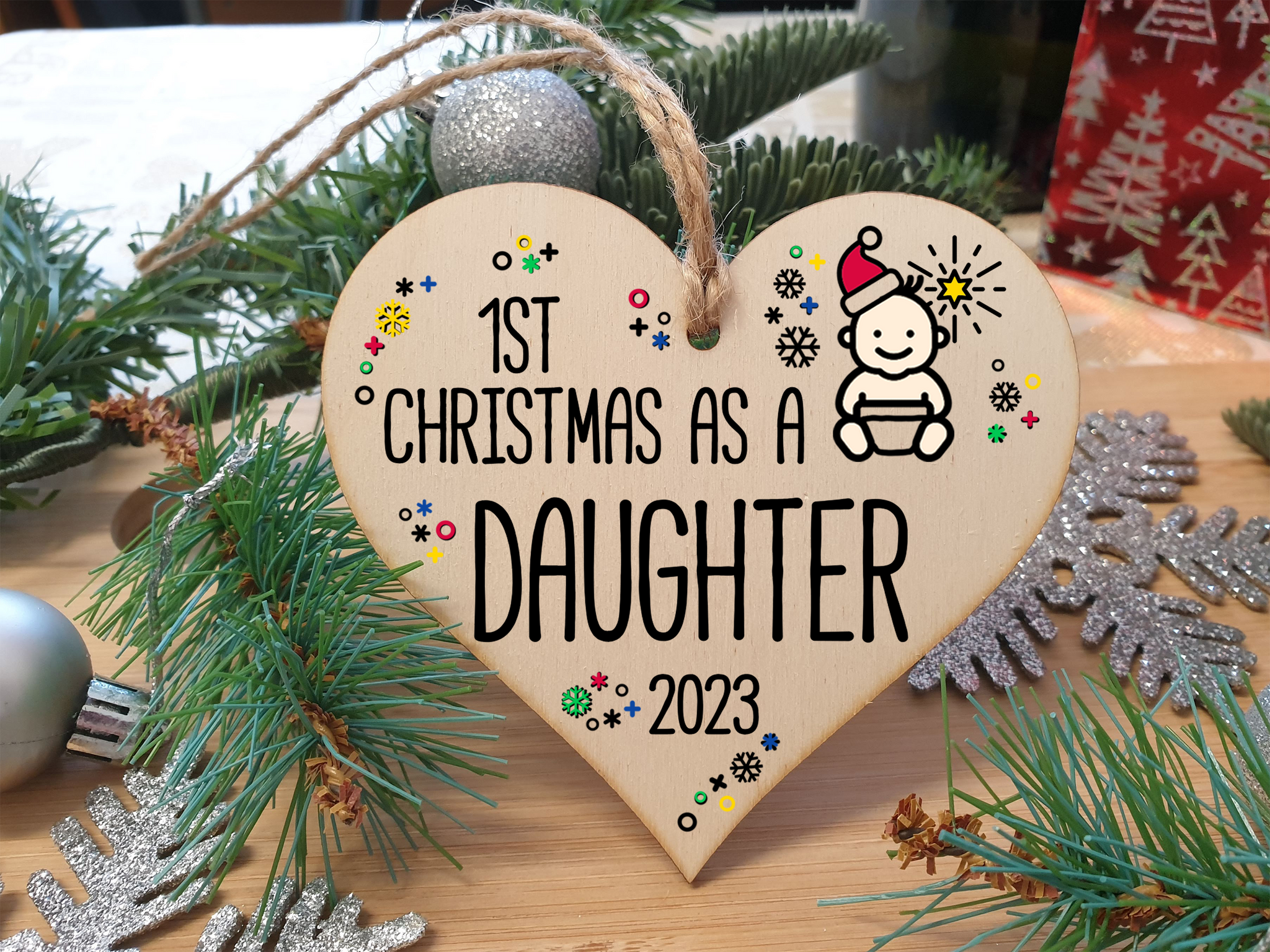 Handmade Wooden Christmas Hanging Heart Plaque Gift 1st Xmas as a Daughter new baby family celebration tree decoration present for family