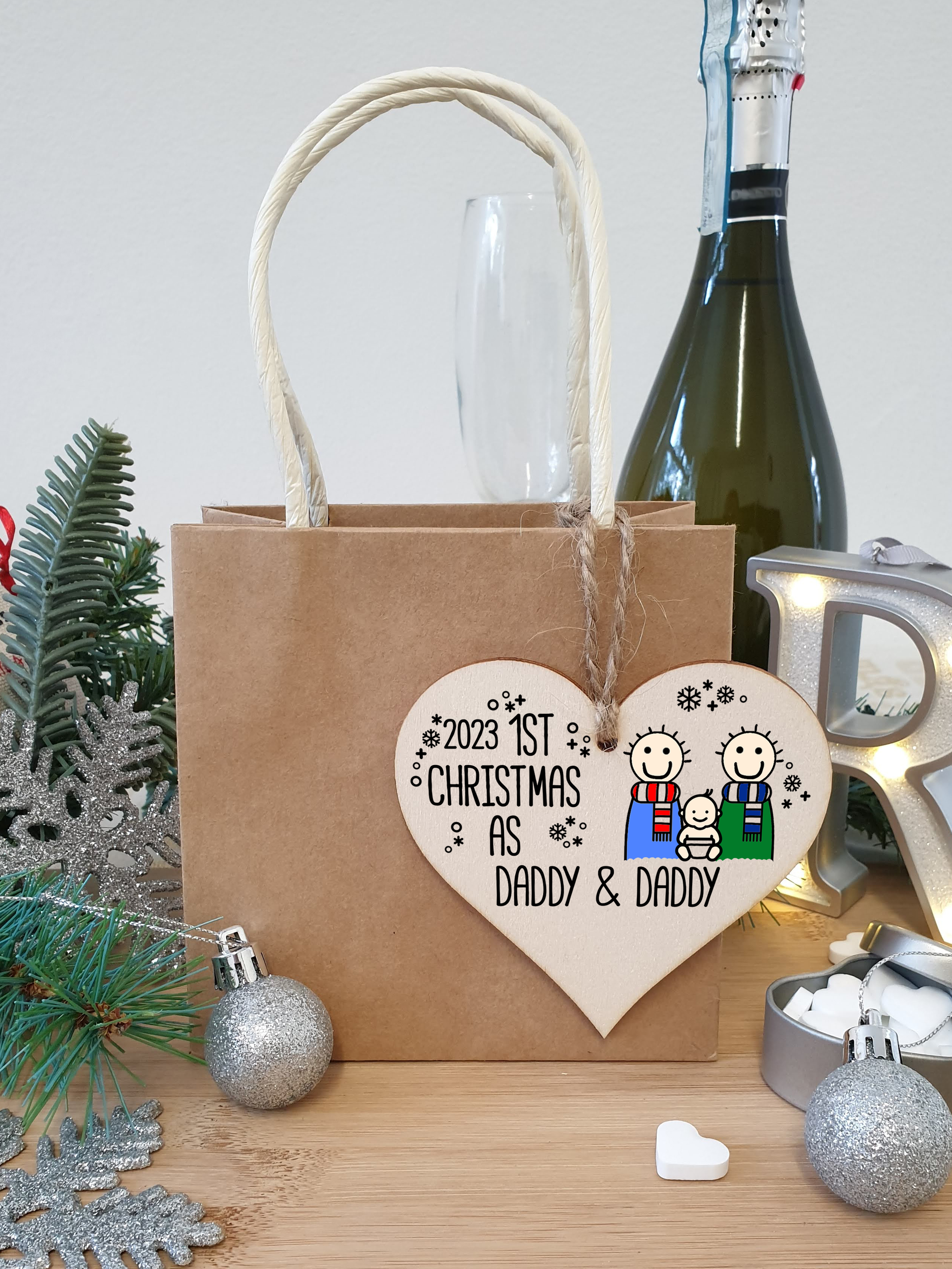 Handmade Wooden Christmas Hanging Heart Plaque Gift 1st Xmas as Daddy & Daddy commemorate new baby arrival new family same sex couple present tree decoration