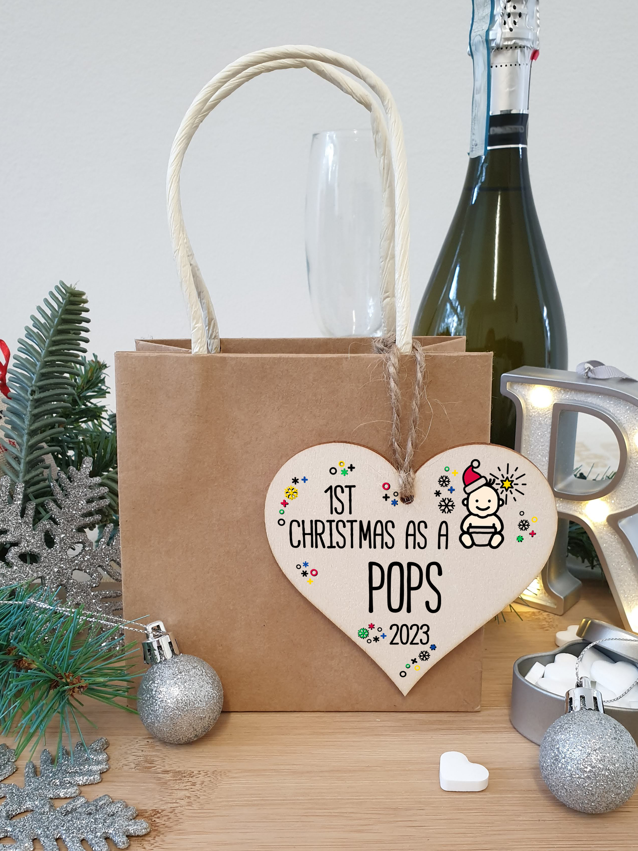 Handmade Wooden Christmas Hanging Heart Plaque Gift 1st Xmas as a Pops new baby family celebration tree decoration present for family