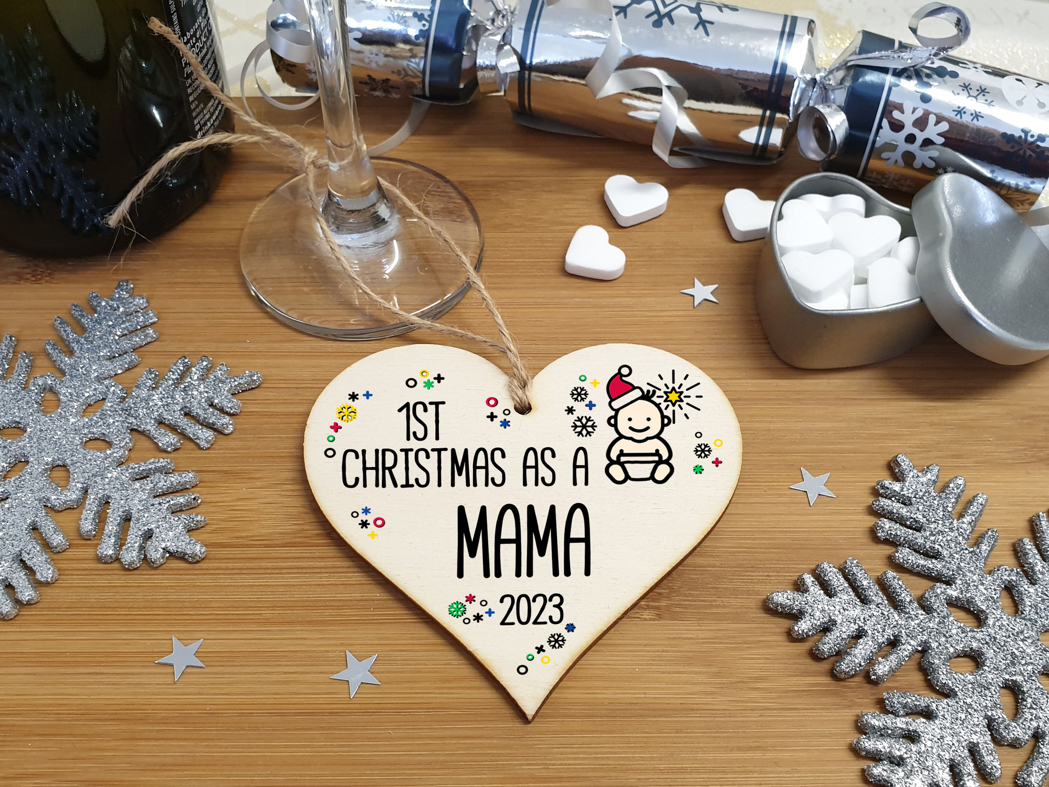 Handmade Wooden Christmas Hanging Heart Plaque Gift 1st Xmas as a Mama new baby family celebration tree decoration present for family