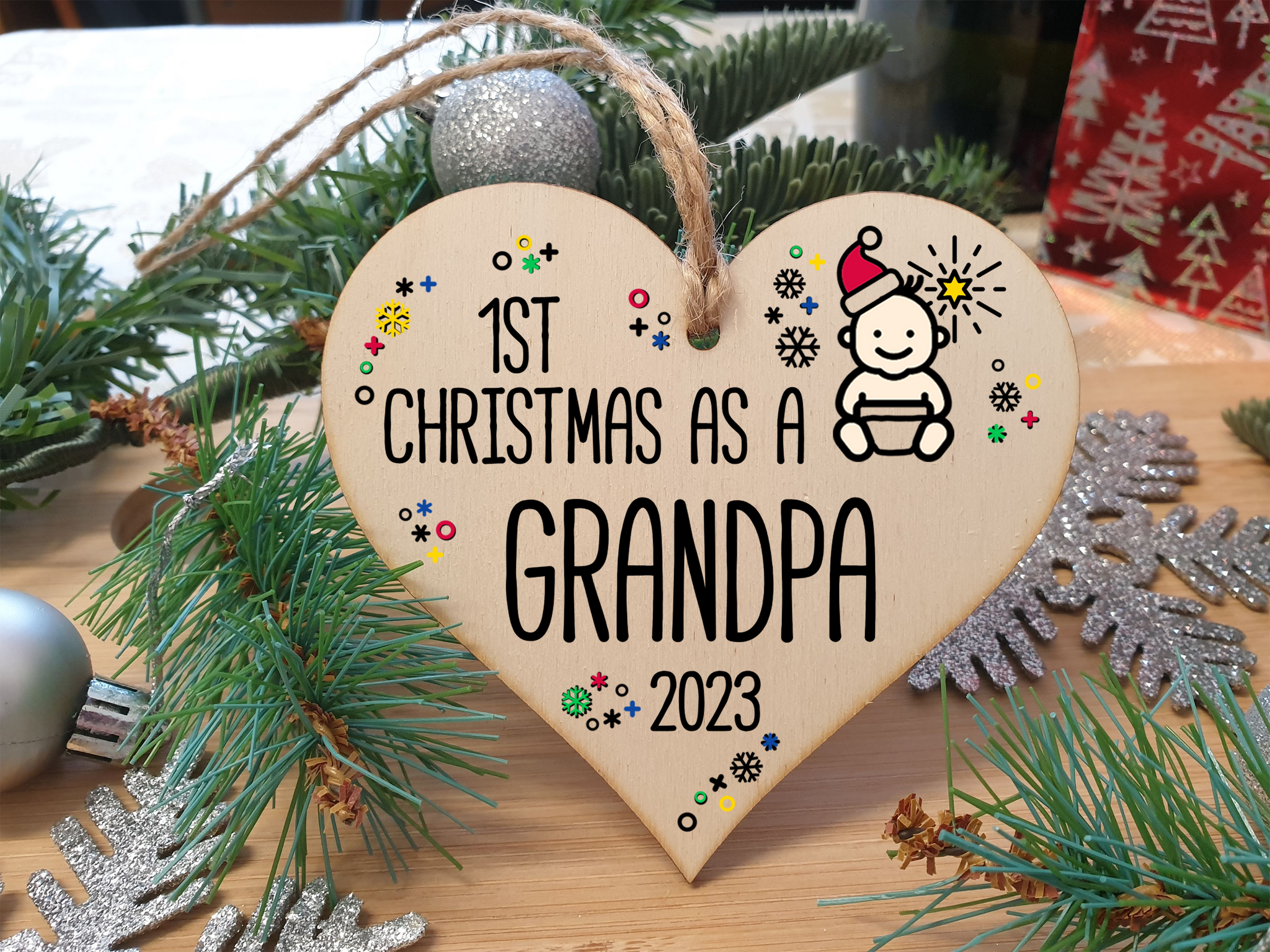 Handmade Wooden Christmas Hanging Heart Plaque Gift 1st Xmas as a Grandpa new baby family celebration tree decoration present for family