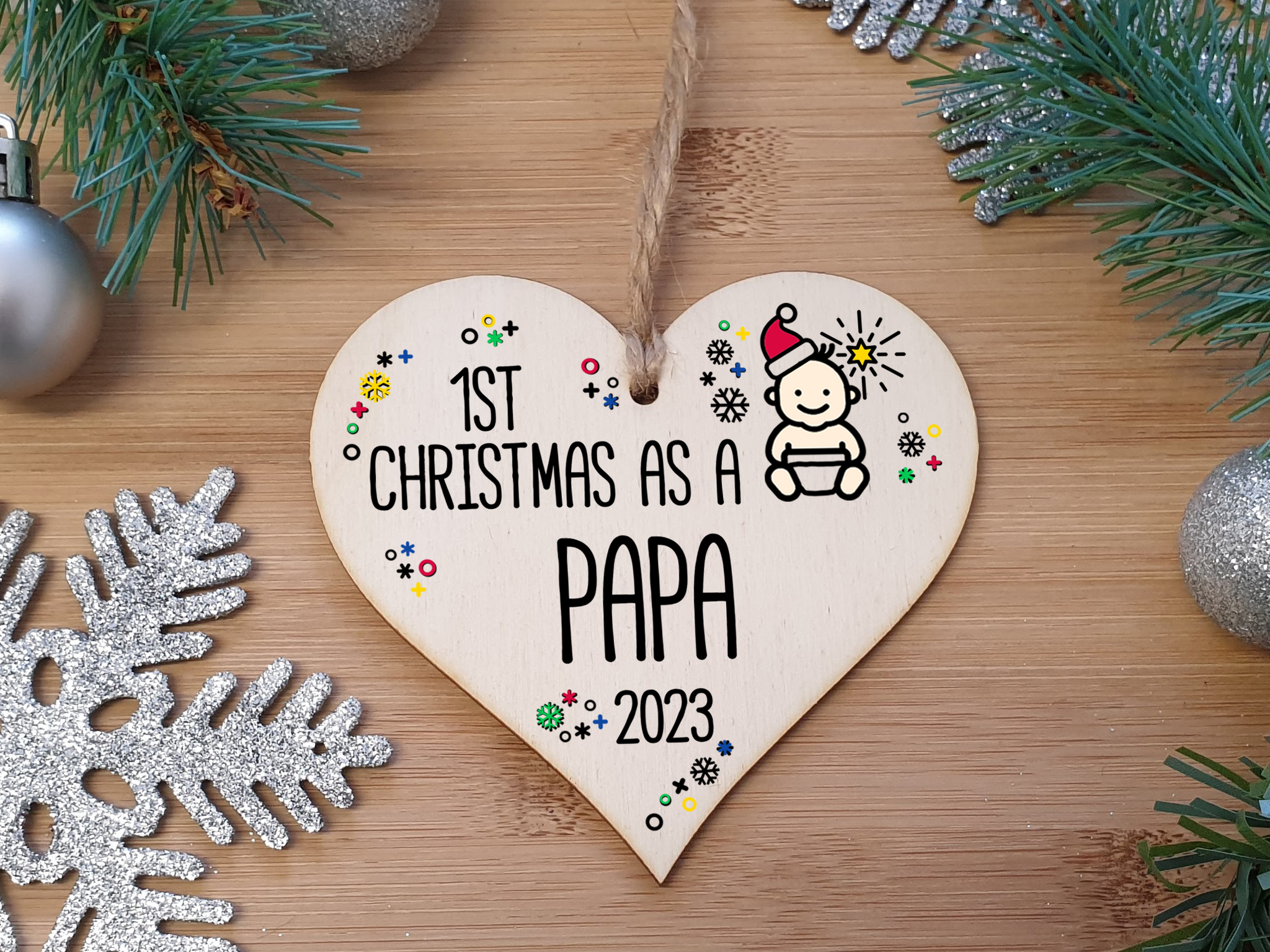 Handmade Wooden Christmas Hanging Heart Plaque Gift 1st Xmas as a Papa new baby family celebration tree decoration present for family